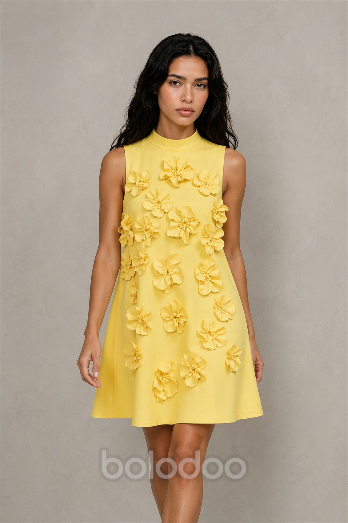 BOLODOO Yellow 3D Floral Mock Neck Sleeveless Mini Dress | A-Line Party Dress  | BOLODOO watermark