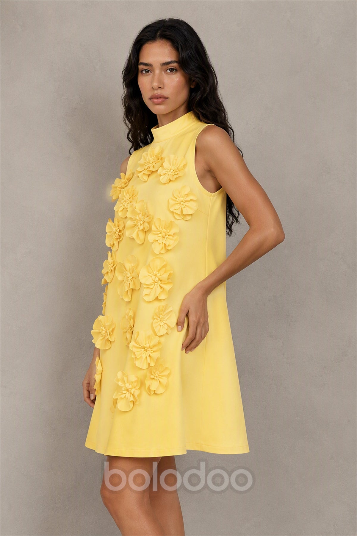 BOLODOO Yellow 3D Floral Mock Neck Sleeveless Mini Dress | A-Line Party Dress  | BOLODOO watermark
