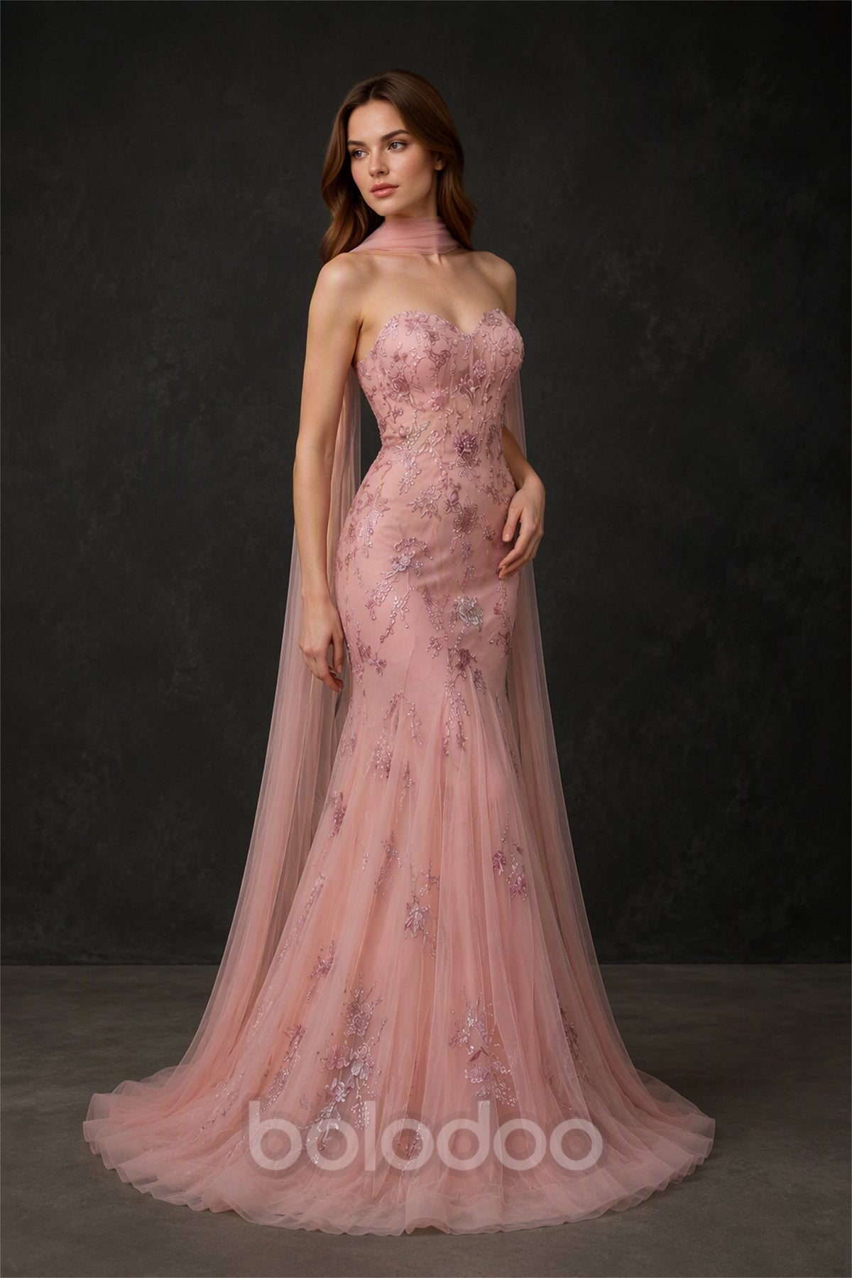BOLODOO Blush Pink Floral Sequin Mermaid Gown - Front View with Tulle Cape | BOLODOO watermark