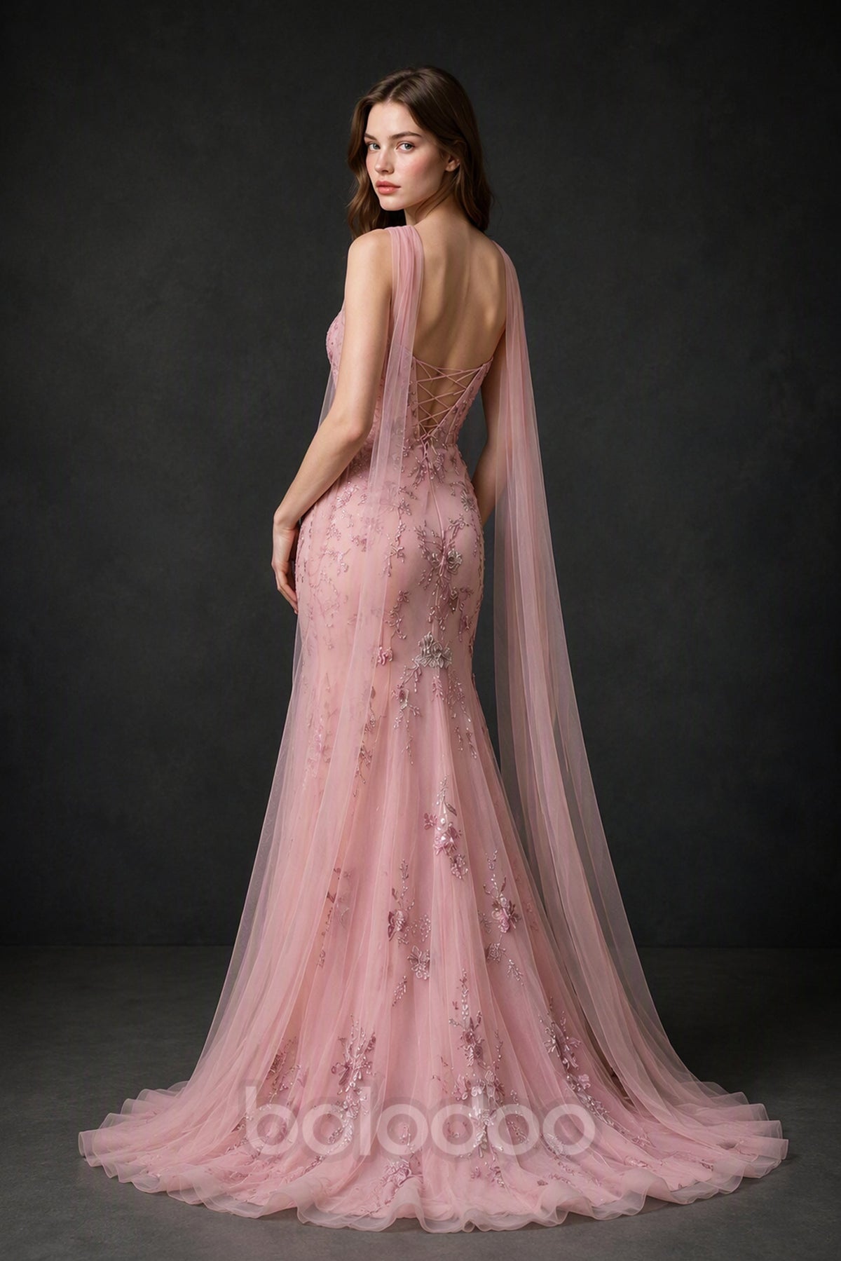 BOLODOO Blush Pink Mermaid Gown - Back View Showing Lace-Up Corset Detail | BOLODOO watermark