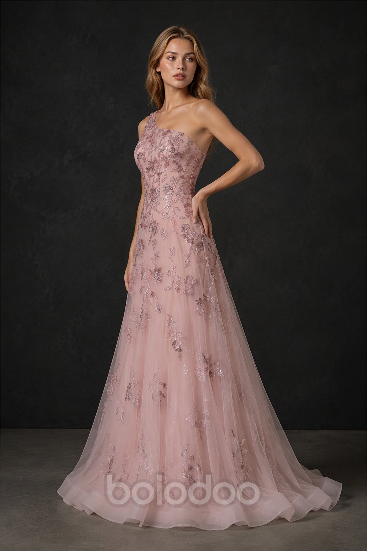 BOLODOO Dusty Mauve One-Shoulder Sequin Gown - Side View Showing Silhouette | BOLODOO watermark