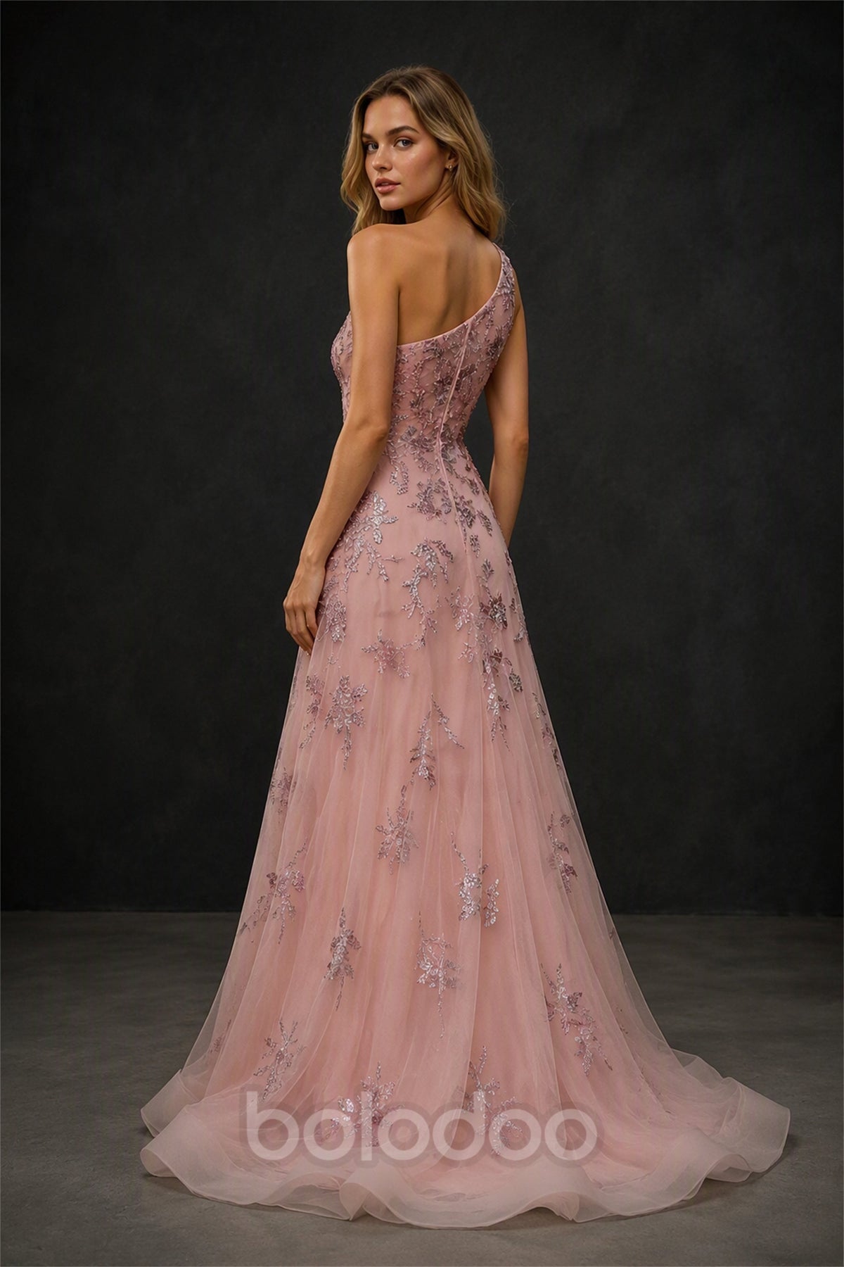 BOLODOO Dusty Mauve One-Shoulder Gown - Back View Showing Open Back Detail | BOLODOO watermark