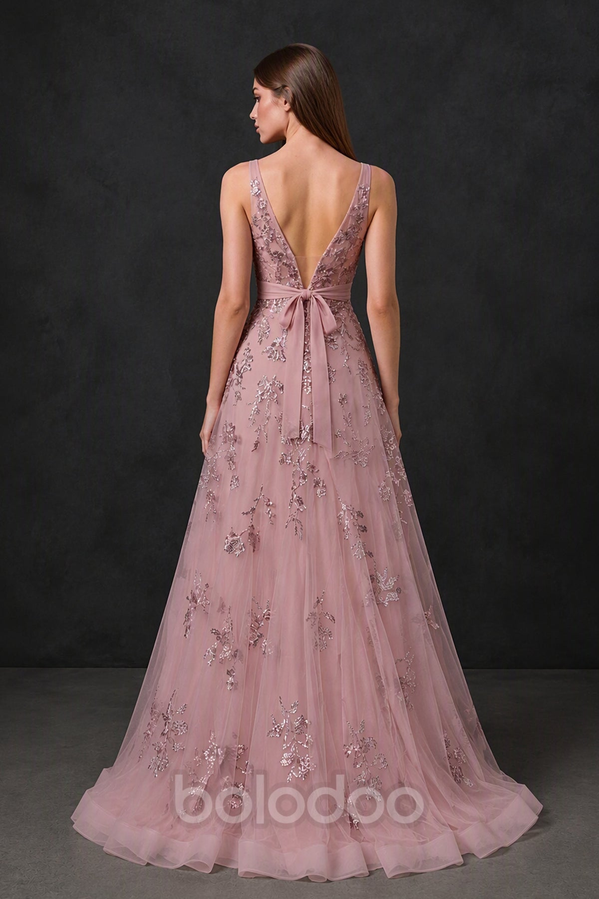 BOLODOO Dusty Rose A-Line Gown - Back View Showing Open Back and Satin Bow Detail | BOLODOO watermark