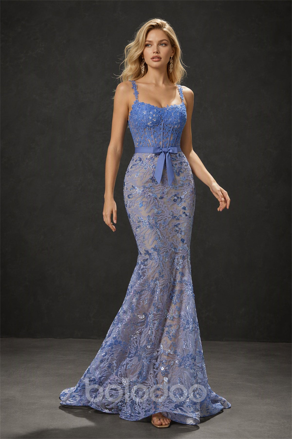BOLODOO Periwinkle Blue Floral Sequin Lace Mermaid Gown - Front View Full Length | BOLODOO watermark