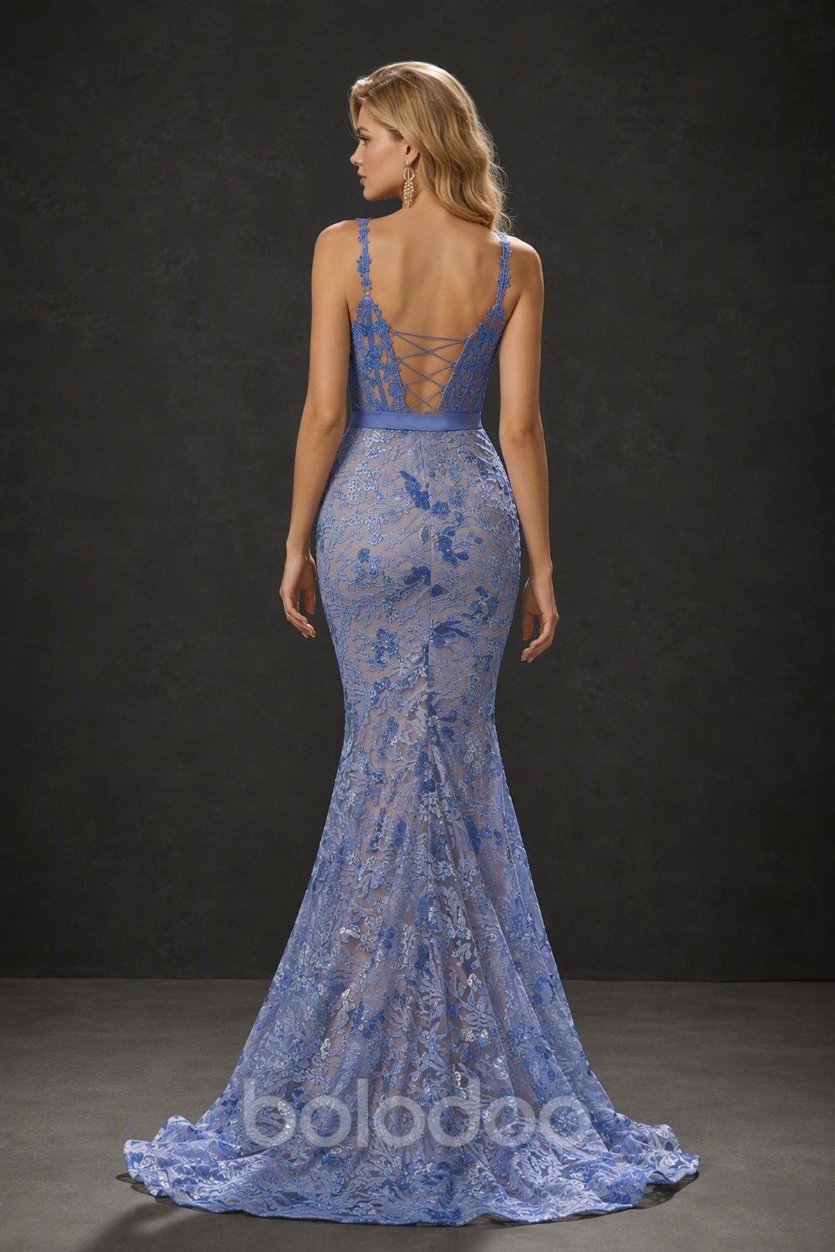 BOLODOO Periwinkle Blue Sequin Lace Mermaid Gown - Front View Second Angle | BOLODOO watermark