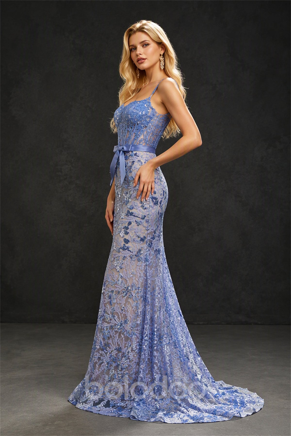 BOLODOO Periwinkle Blue Mermaid Gown - Side View Showing Silhouette and Train | BOLODOO watermark