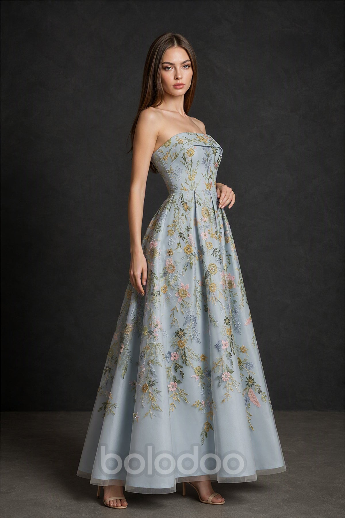 BOLODOO Dusty Blue Strapless Floral Embroidery Tulle A-Line Gown - Side View Full Length | BOLODOO watermark