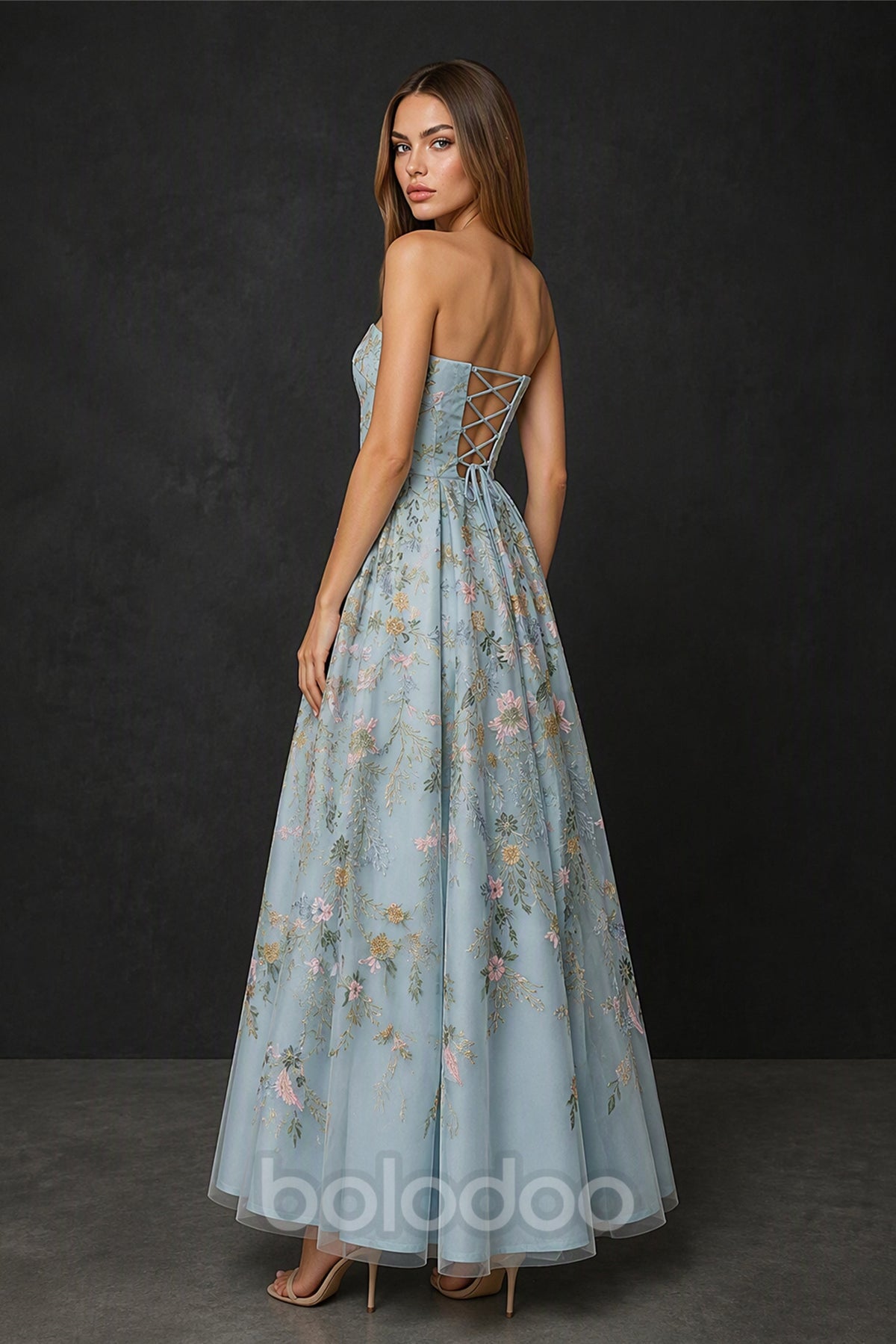BOLODOO Dusty Blue Floral Embroidery A-Line Gown - Back View Showing Lace-Up Open Back | BOLODOO watermark