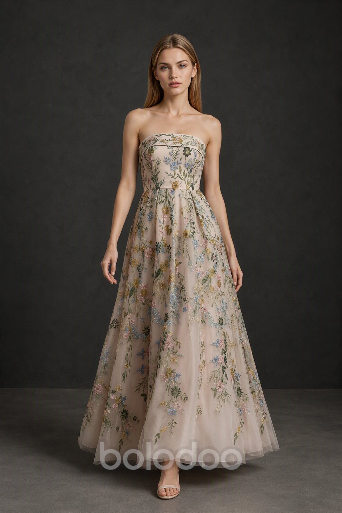 BOLODOO Champagne Strapless Floral Embroidery Tulle A-Line Gown - Front View Full Length | BOLODOO watermark