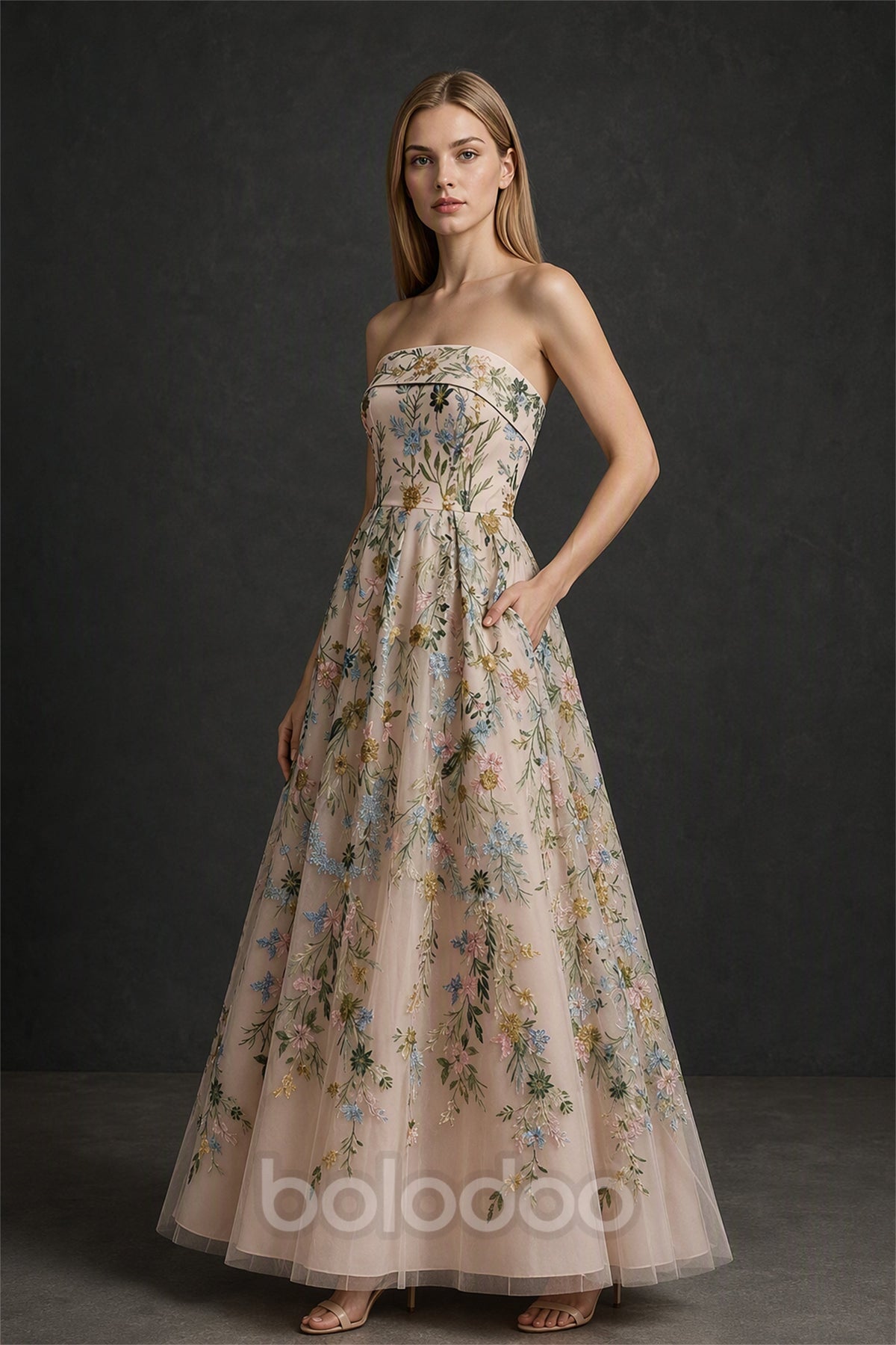 BOLODOO Champagne Floral Embroidery A-Line Gown - Front Three-Quarter View Skirt Flowing | BOLODOO watermark