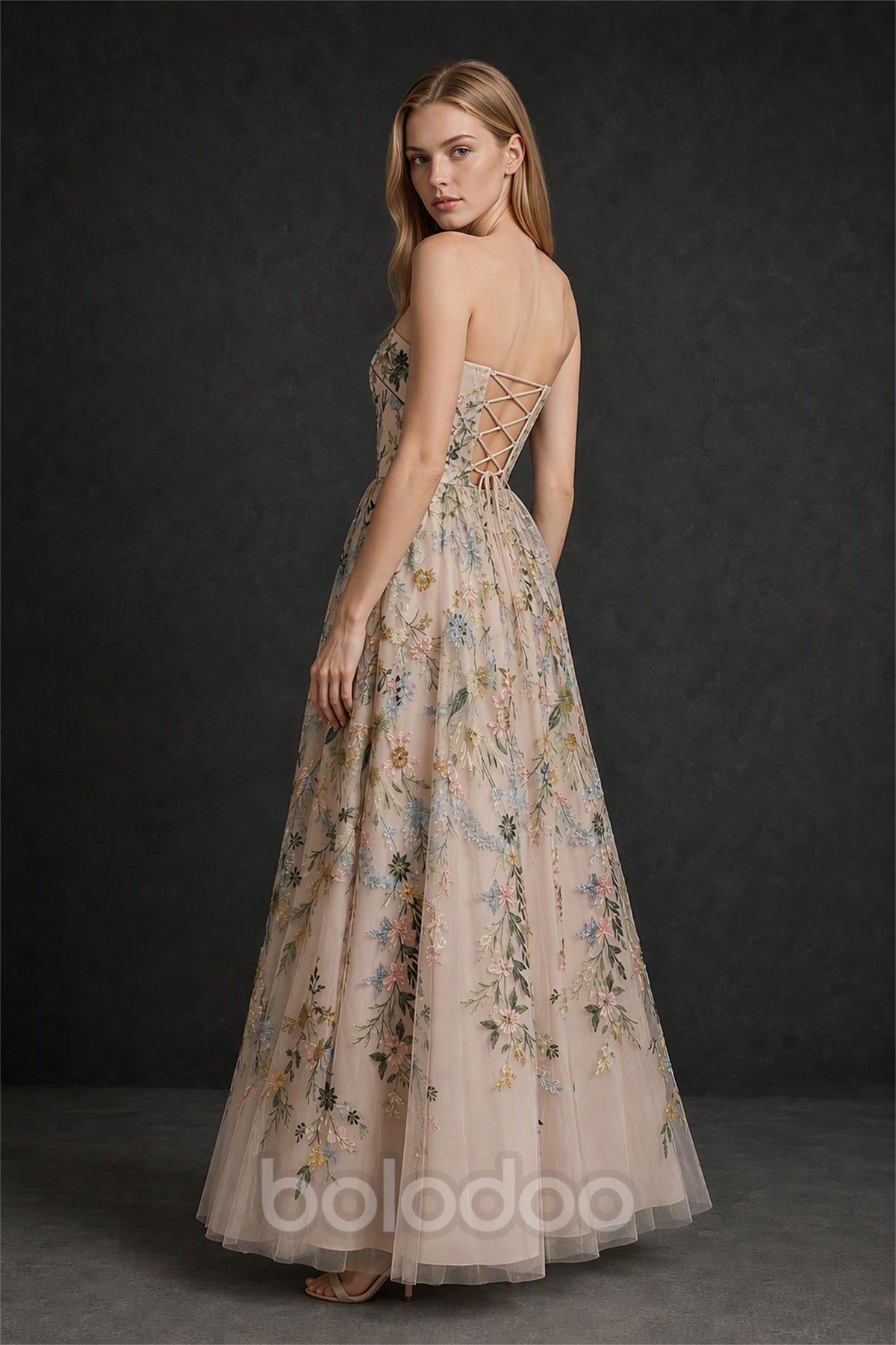 BOLODOO Champagne Floral Embroidery A-Line Gown - Back View Showing Lace-Up Open Back | BOLODOO watermark