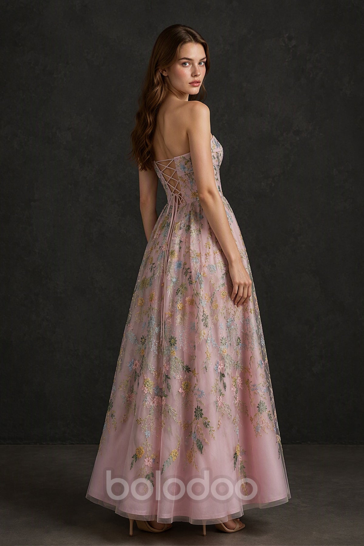 BOLODOO Blush Pink Strapless Floral Embroidery Tulle A-Line Gown - Front View Full Length | BOLODOO watermark