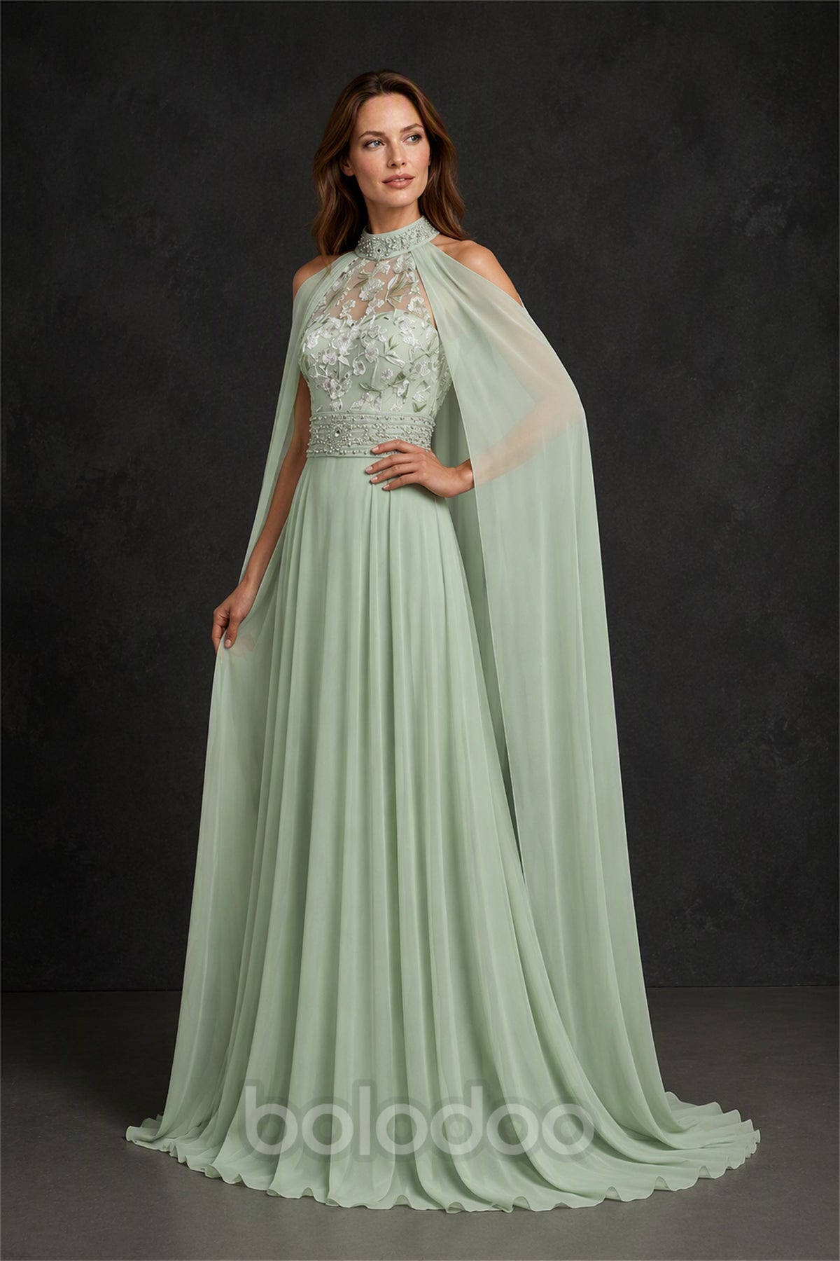 BOLODOO Sage Green High Neck Floral Lace Chiffon Cape Gown - Front View Full Length | BOLODOO watermark