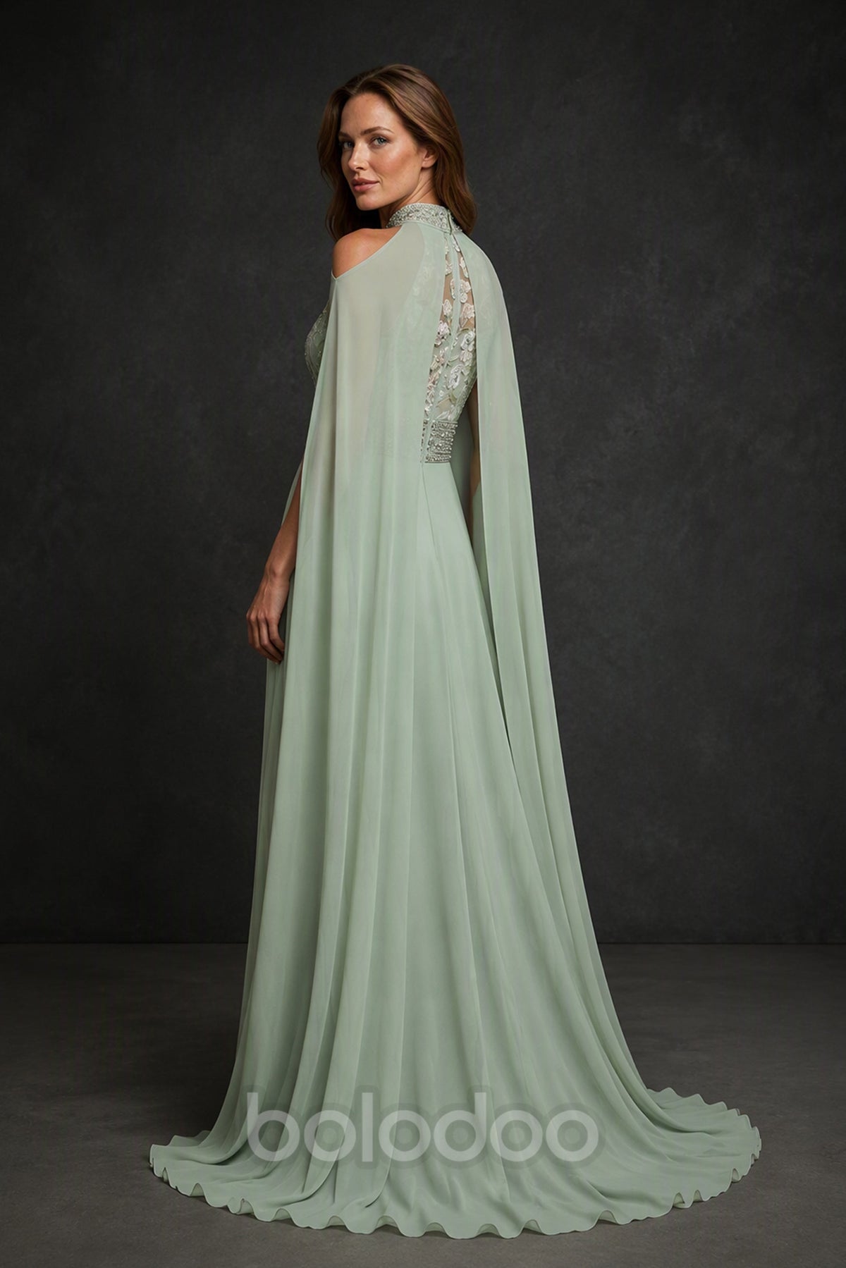 BOLODOO Sage Green Chiffon Cape Gown - Back View Showing Cape Train | BOLODOO watermark