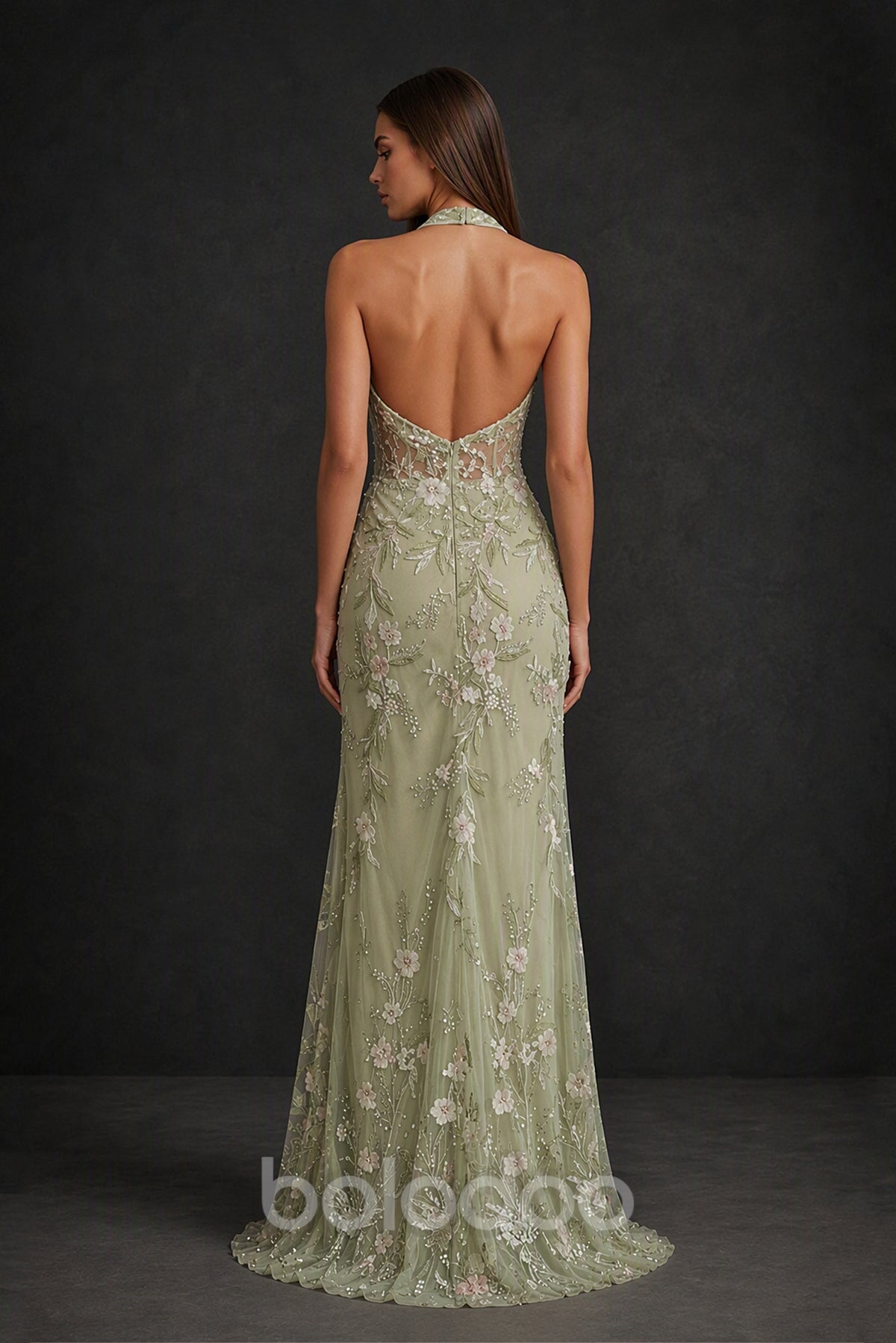 BOLODOO Sage Green Halter Deep V Floral Sequin Mermaid Gown - Front Side View Showing High Slit | BOLODOO watermark