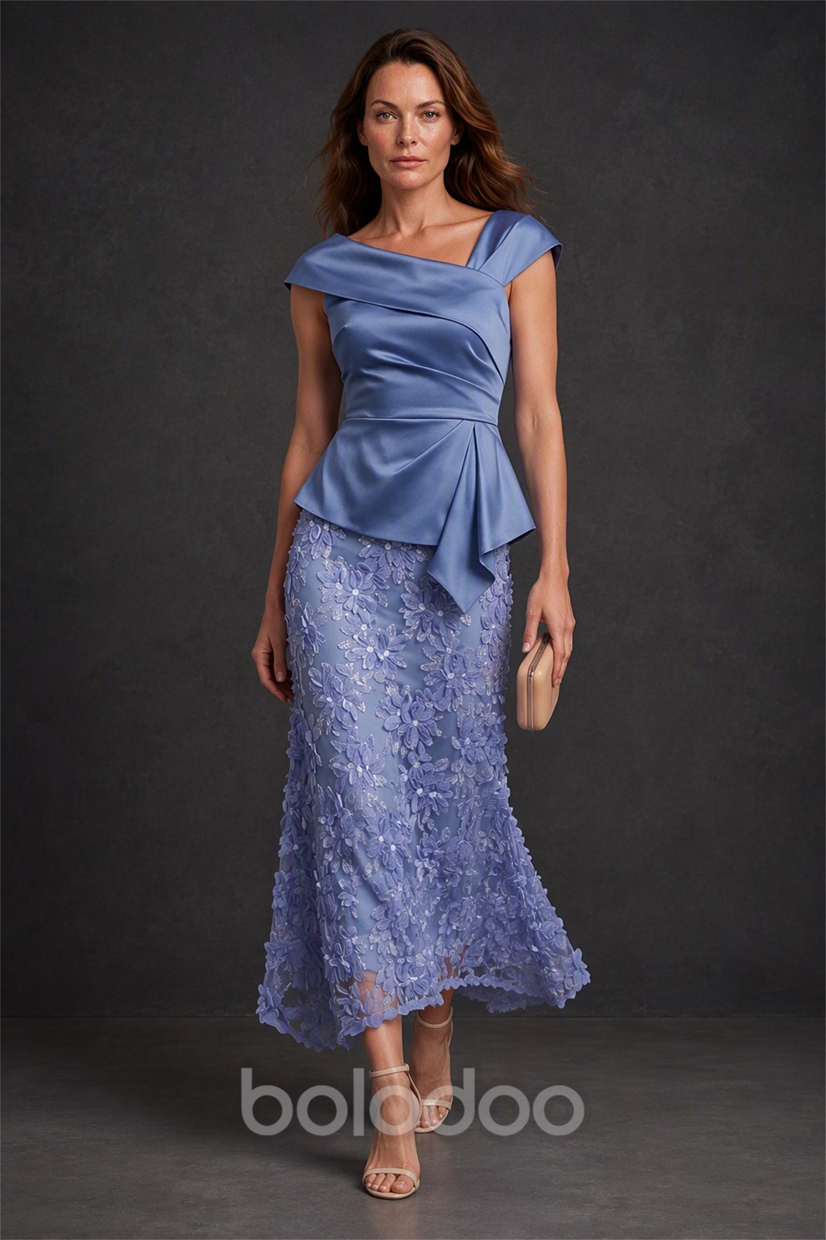 BOLODOO Dusty Blue Satin Peplum Top & 3D Floral Lace Midi Skirt Two-Piece Set - Front View | BOLODOO watermark