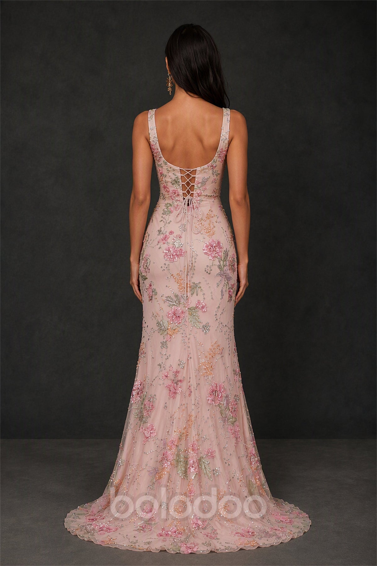 BOLODOO Blush Pink Square Neck Multicolor Floral Sequin Mermaid Gown - Front View Full Length | BOLODOO watermark