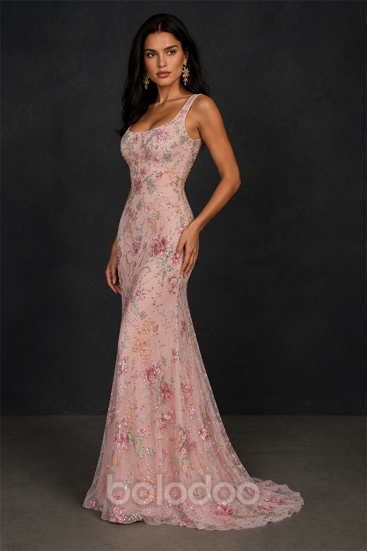 BOLODOO Blush Pink Floral Sequin Mermaid Gown - Back View Showing Lace-Up Open Back | BOLODOO watermark