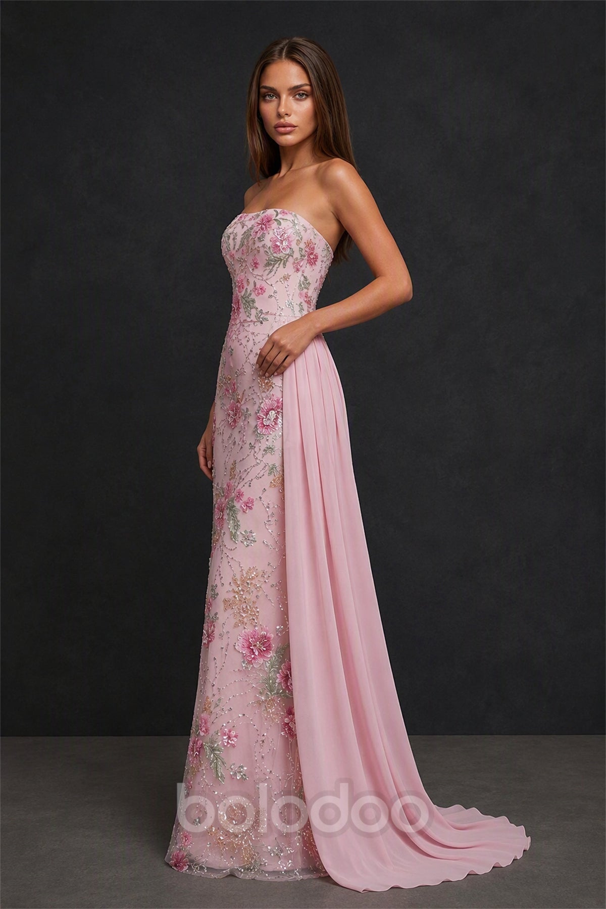 BOLODOO Blush Pink Strapless Floral Sequin Mermaid Gown with Chiffon Overskirt - Front View Full Length | BOLODOO watermark