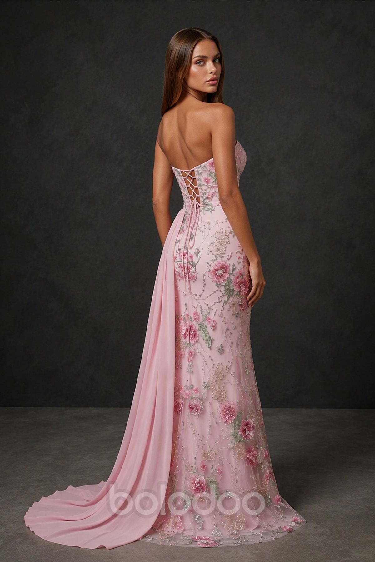BOLODOO Blush Pink Mermaid Gown - Back View Showing Lace-Up Open Back and Chiffon Train | BOLODOO watermark