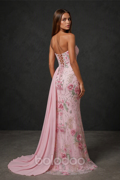 BOLODOO Blush Pink Mermaid Gown - Back View Showing Lace-Up Open Back and Chiffon Train | BOLODOO watermark