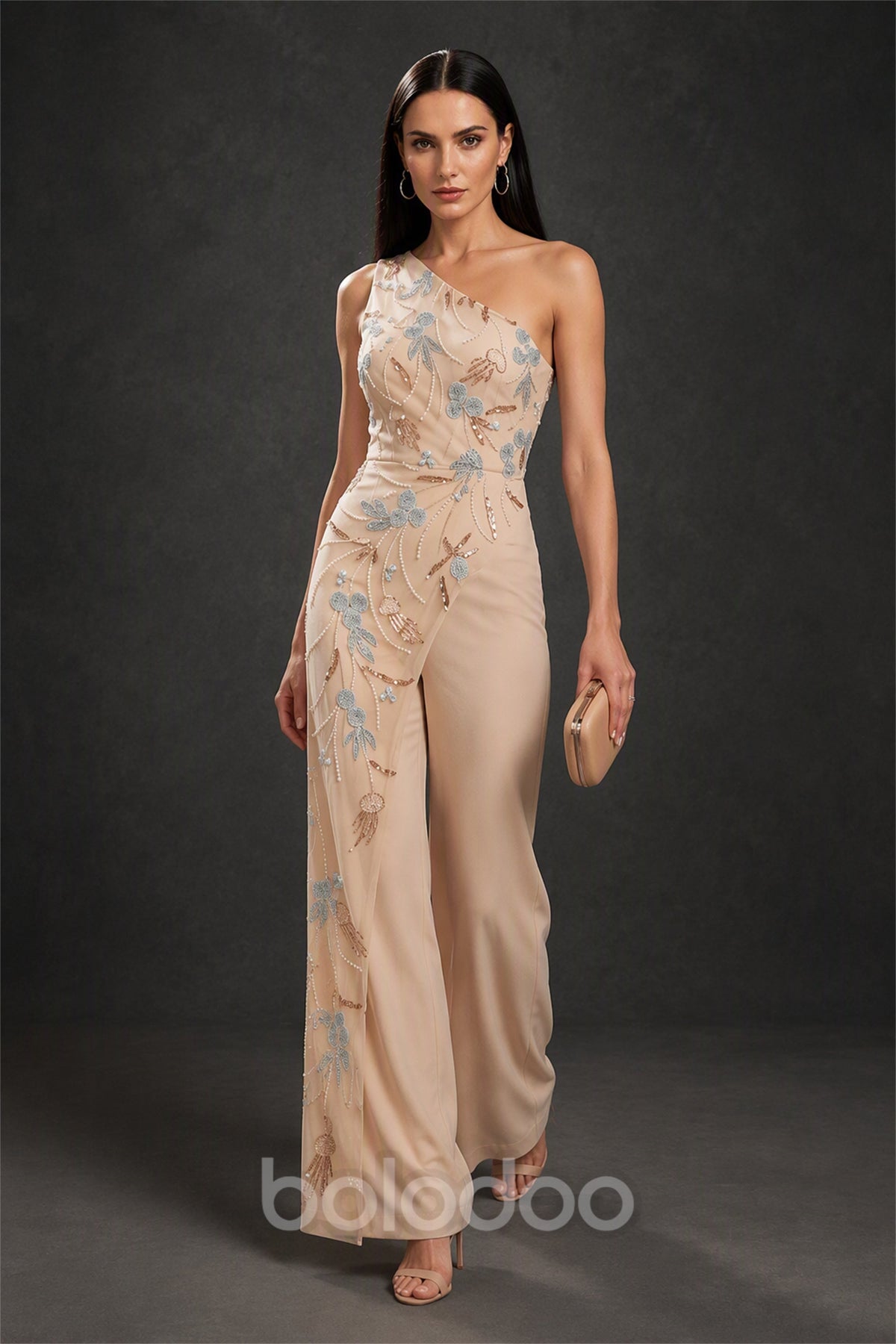 BOLODOO Champagne One-Shoulder Floral Beaded Wide-Leg Jumpsuit - Front Side View | BOLODOO watermark