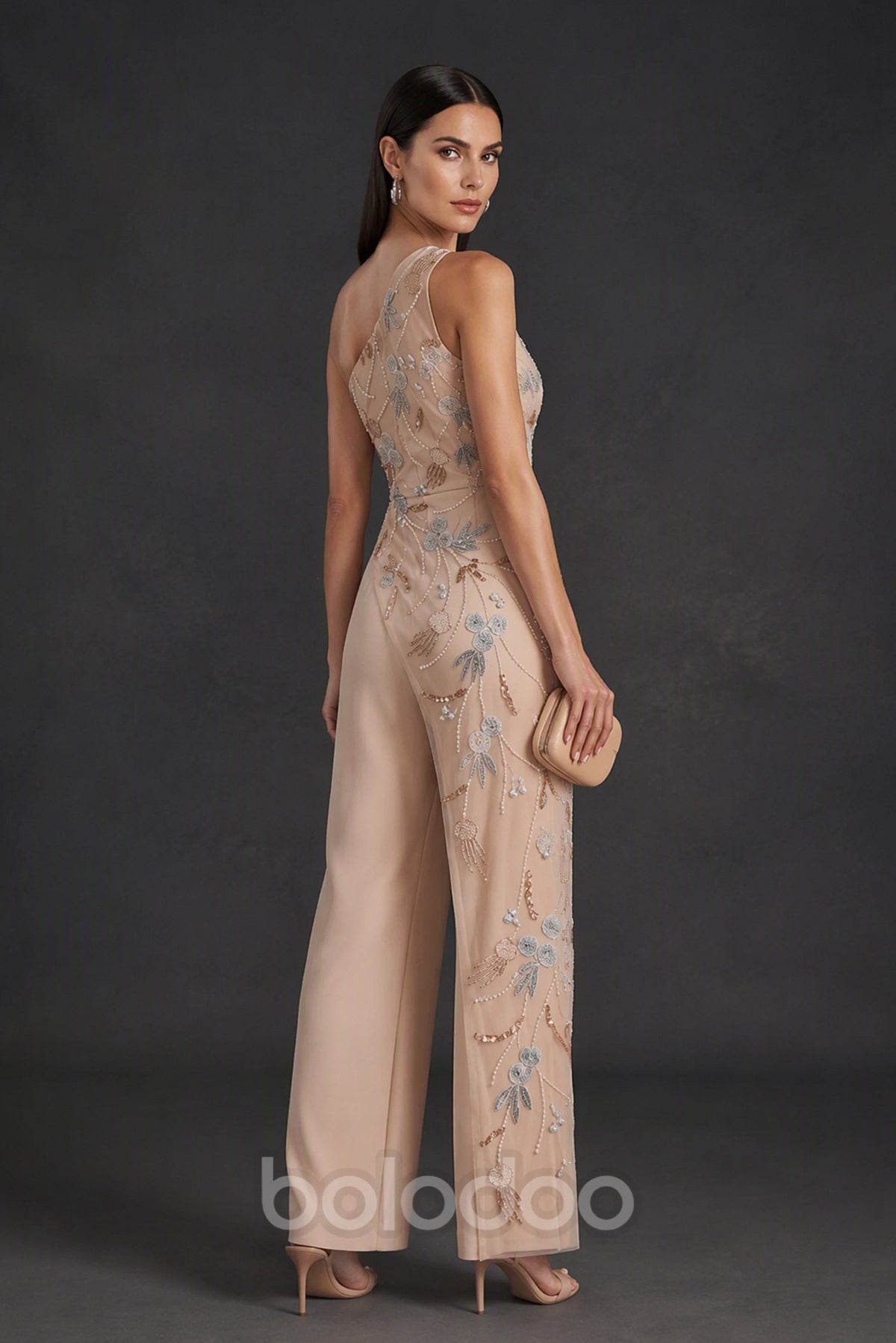 BOLODOO Champagne One-Shoulder Beaded Jumpsuit - Front View Full Length | BOLODOO watermark