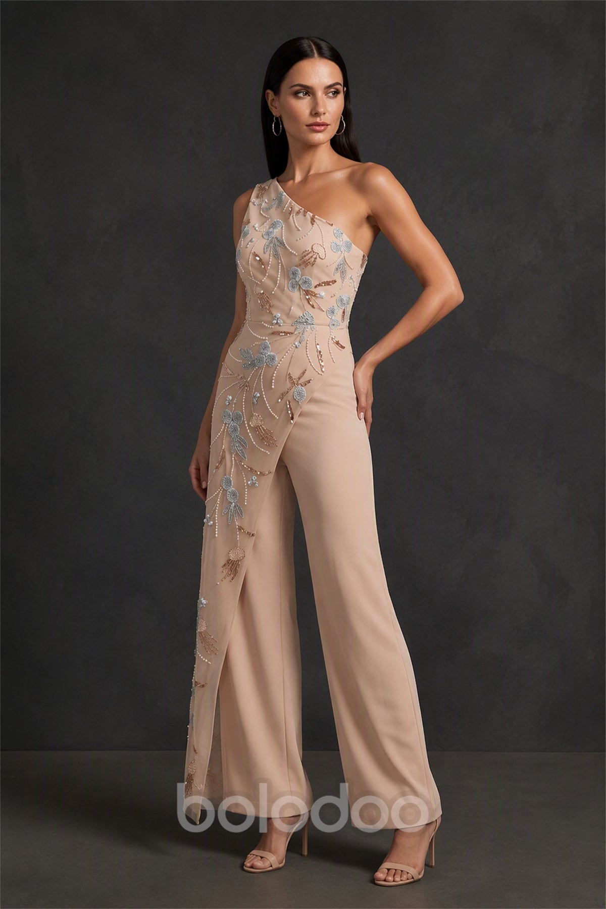 BOLODOO Champagne Floral Beaded Wide-Leg Jumpsuit - Front View Showing Embroidery Detail | BOLODOO watermark