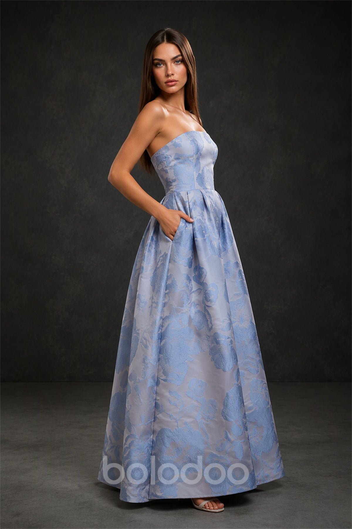 BOLODOO Cornflower Blue Jacquard Ball Gown - Side View Showing Hidden Pockets and Full Skirt | BOLODOO watermark