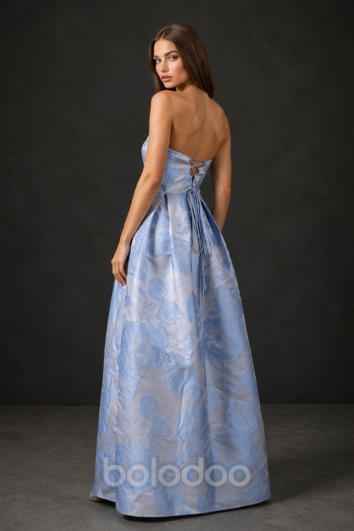 BOLODOO Cornflower Blue Jacquard Ball Gown - Back View Showing Gold Ring Lace-Up Open Back | BOLODOO watermark