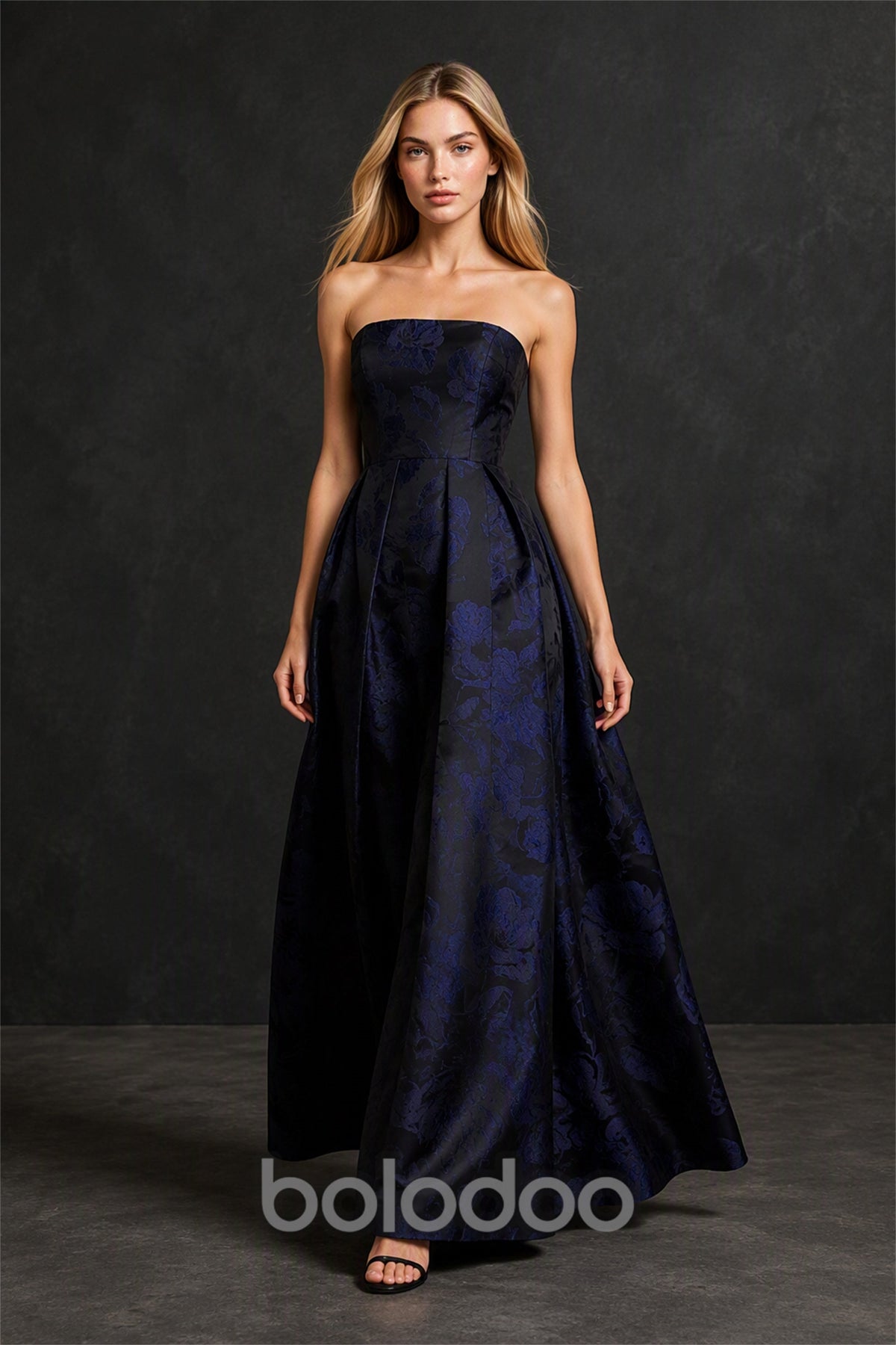 BOLODOO Navy Blue Jacquard Ball Gown - Front View Second Angle Full Length | BOLODOO watermark