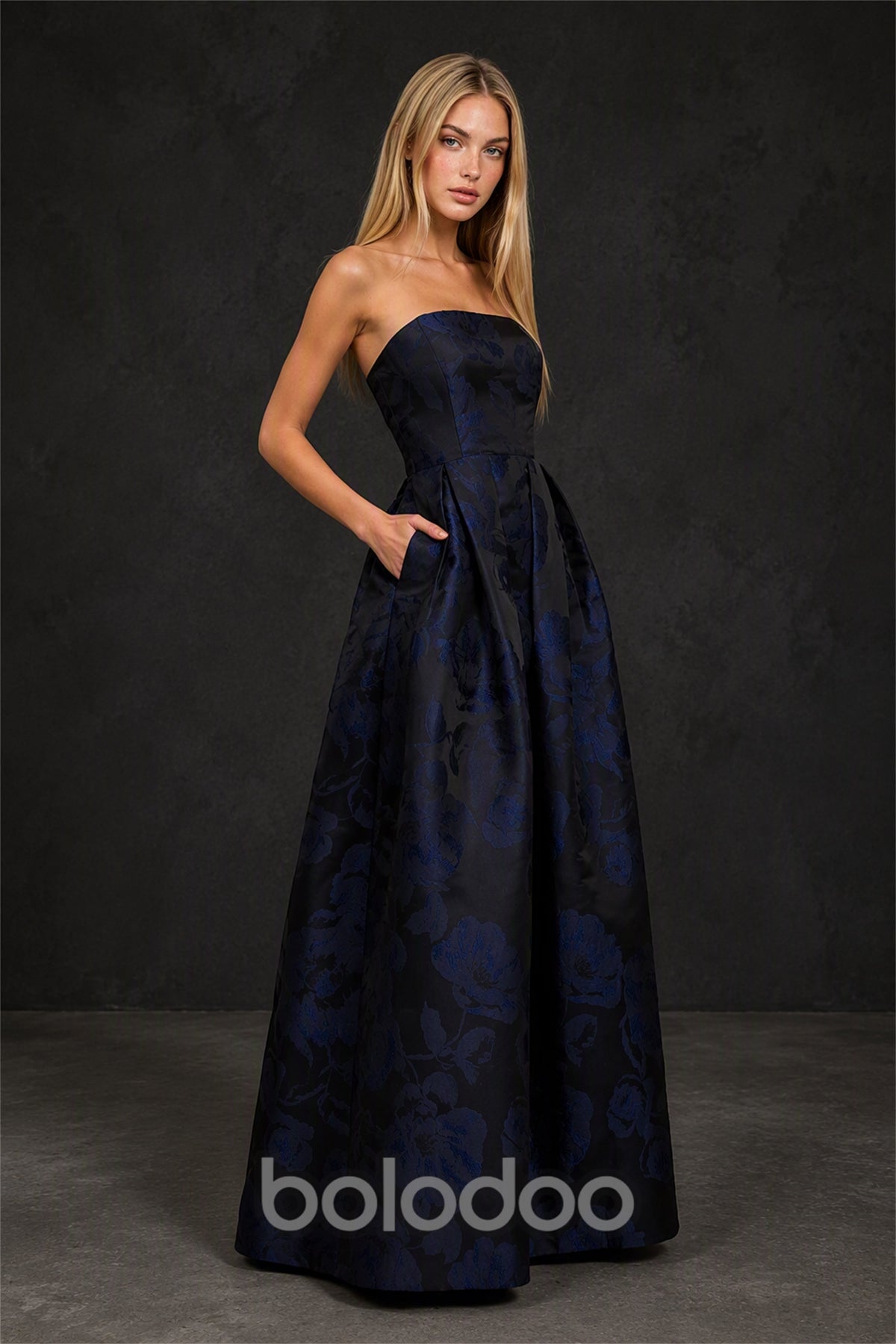 BOLODOO Navy Blue Jacquard Ball Gown - Back View Showing Lace-Up Open Back with Tassel | BOLODOO watermark