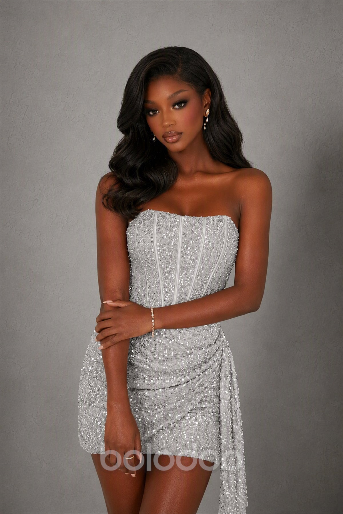 BOLODOO Silver Sequin Strapless Corset Mini Dress with Side Draped Tail - Silver | BOLODOO watermark