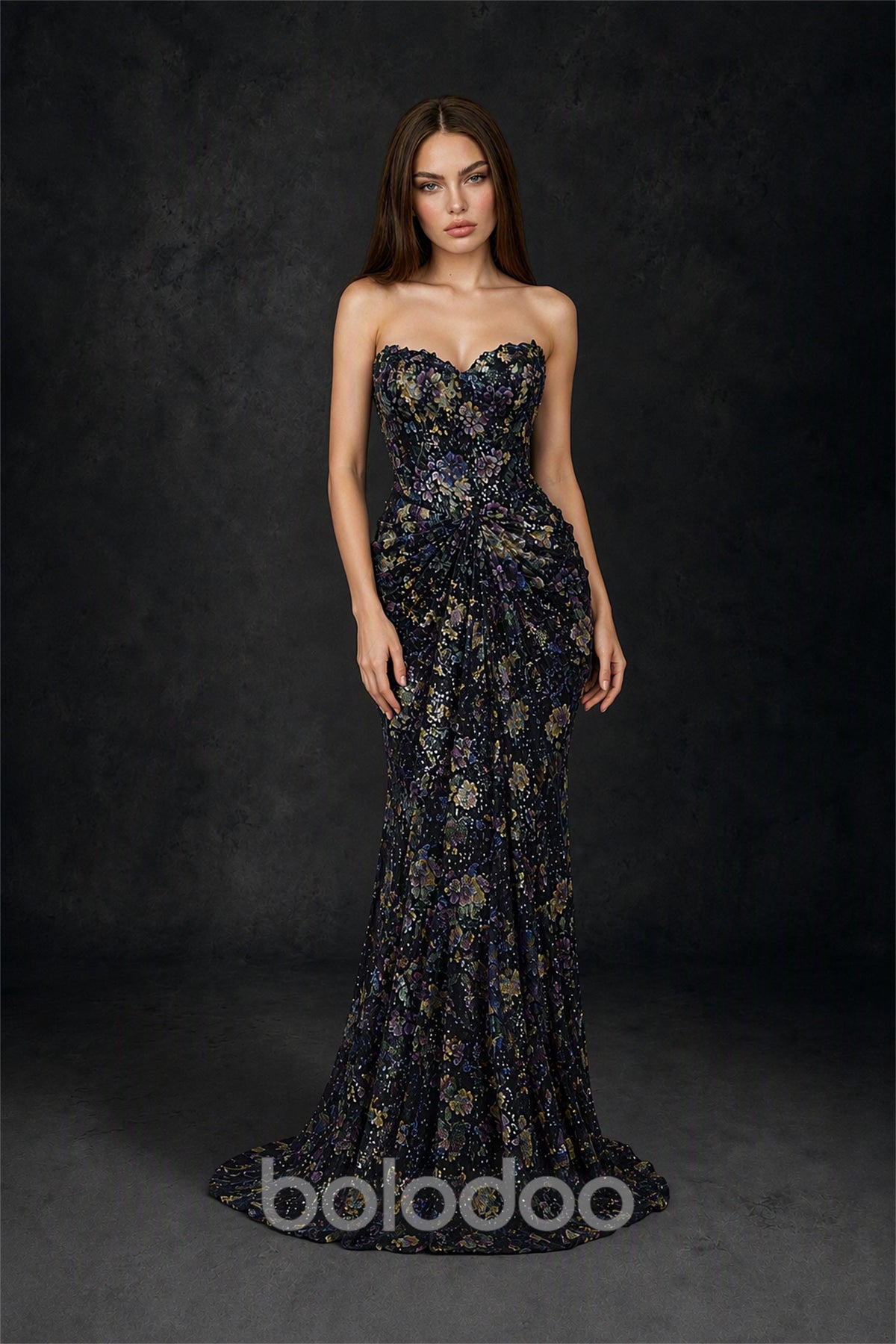 BOLODOO Black Lavender 3D Floral Sequin Strapless Mermaid Evening Gown with Sweep Train - Black Lavender | BOLODOO watermark