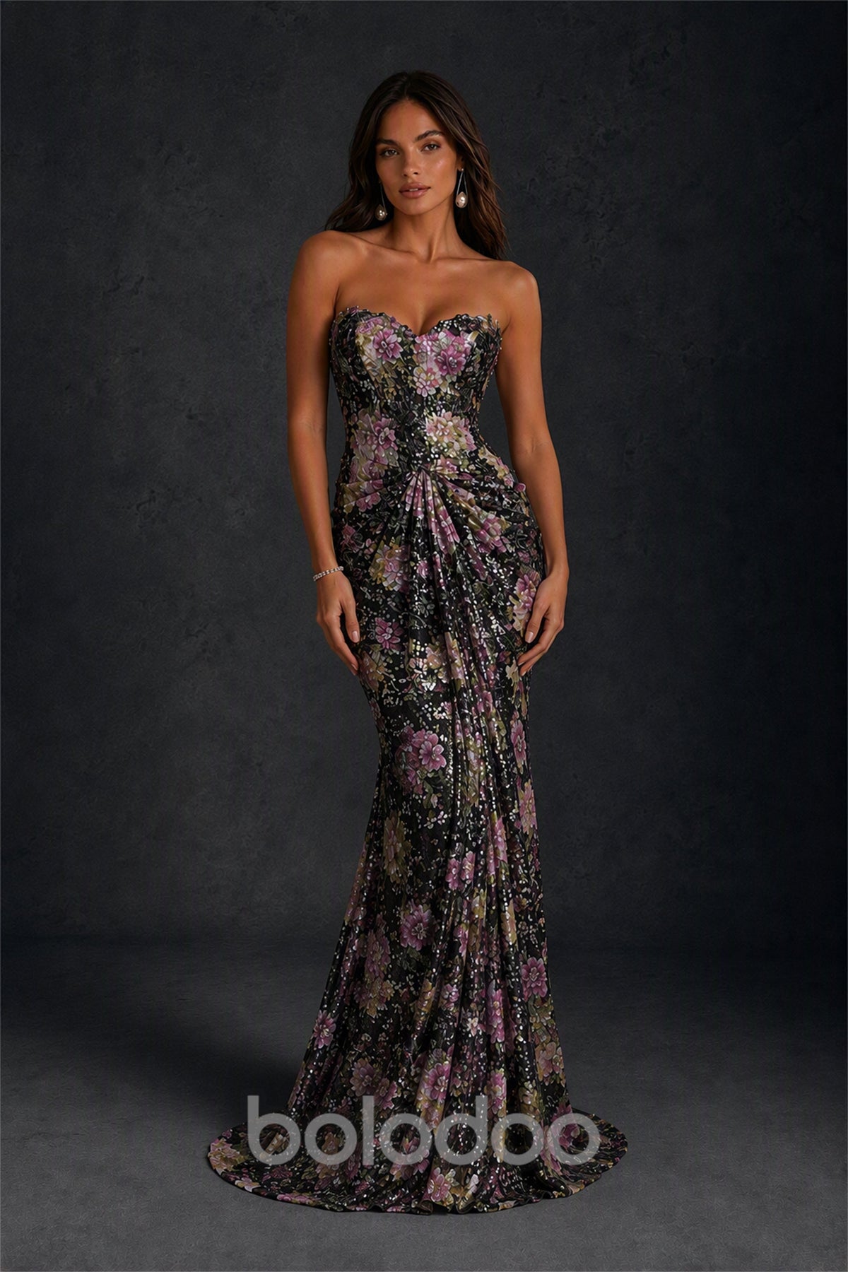 BOLODOO Black Lilac 3D Floral Sequin Strapless Mermaid Evening Gown with Sweep Train - Black Lilac | BOLODOO watermark
