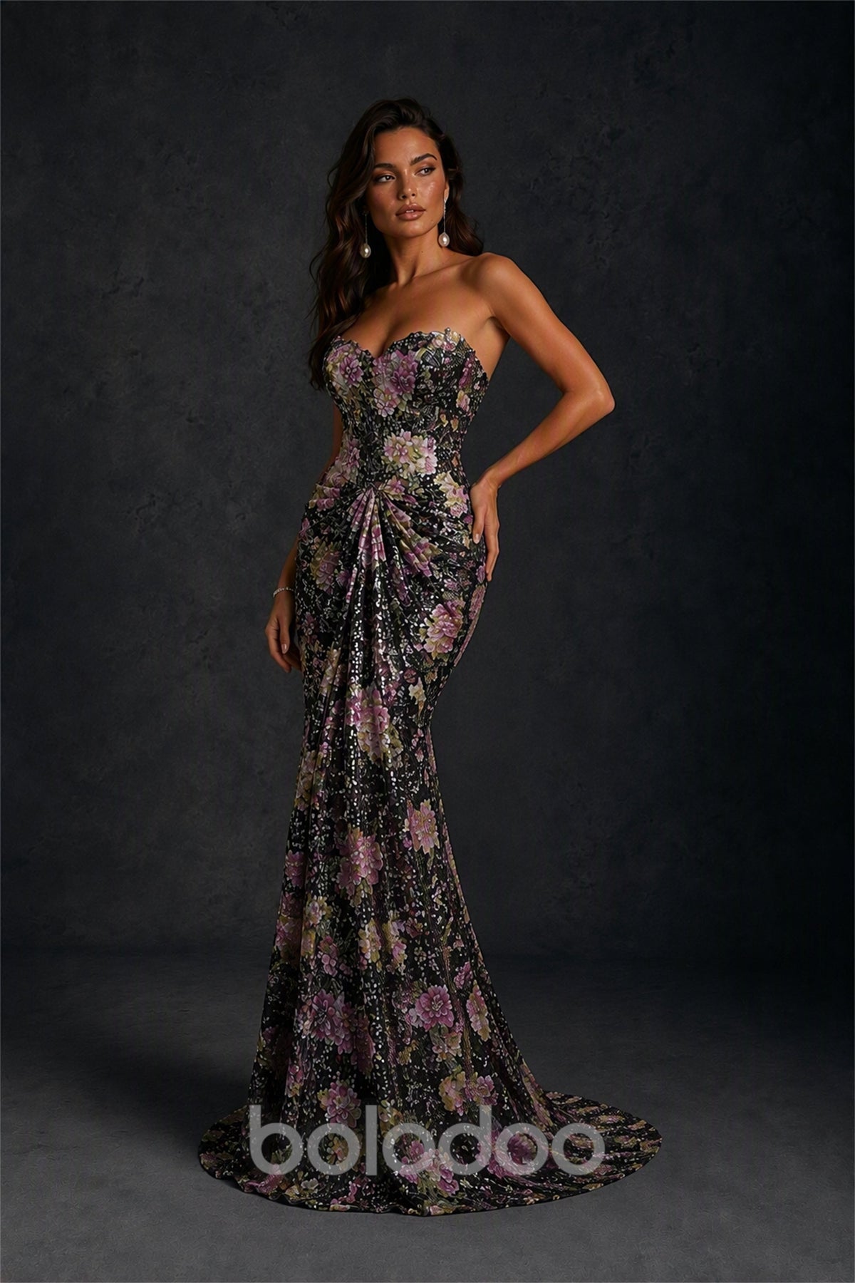 BOLODOO Black Lilac 3D Floral Sequin Strapless Mermaid Evening Gown with Sweep Train - Black Lilac | BOLODOO watermark