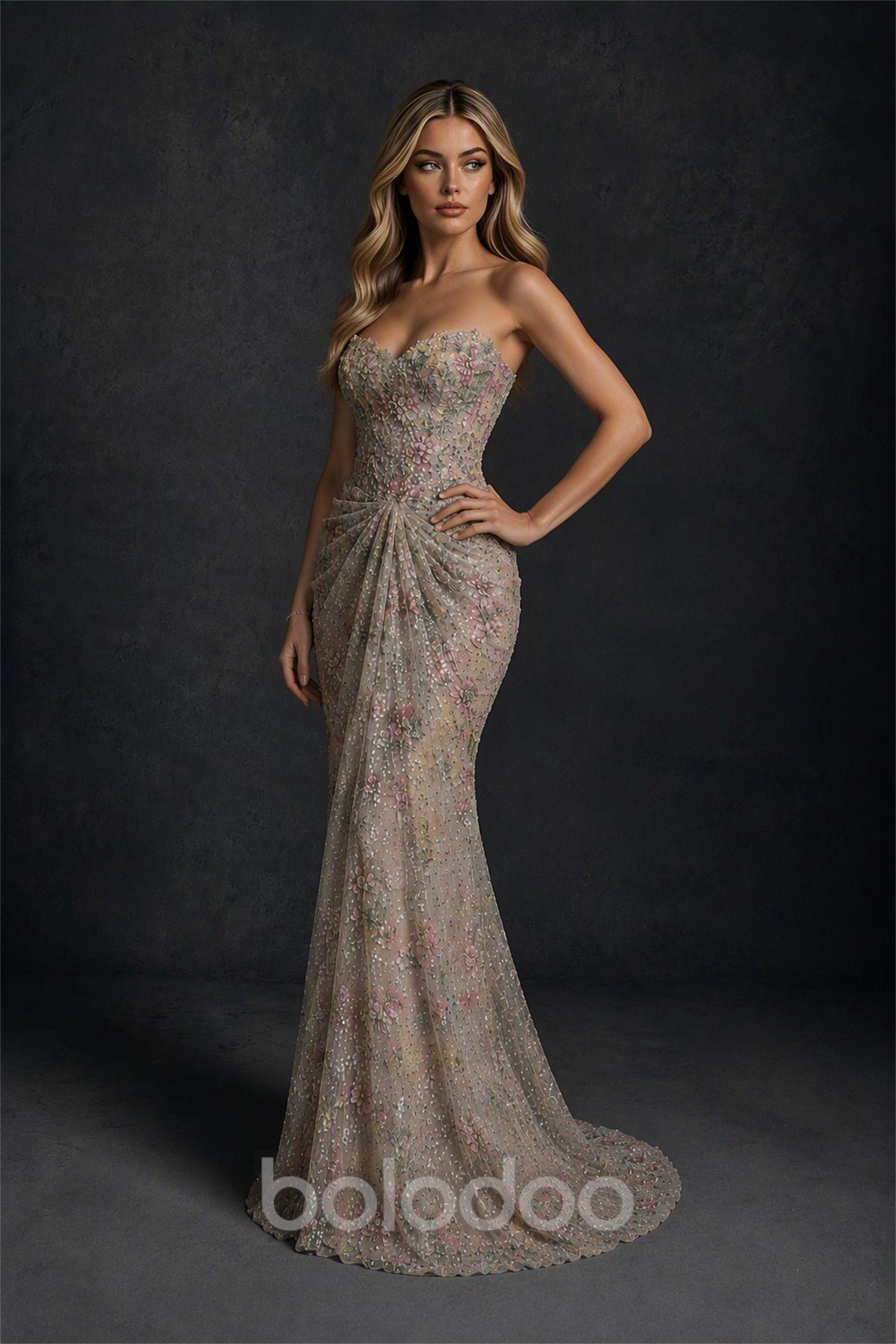 BOLODOO White 3D Floral Sequin Strapless Mermaid Evening Gown with Sweep Train - White | BOLODOO watermark
