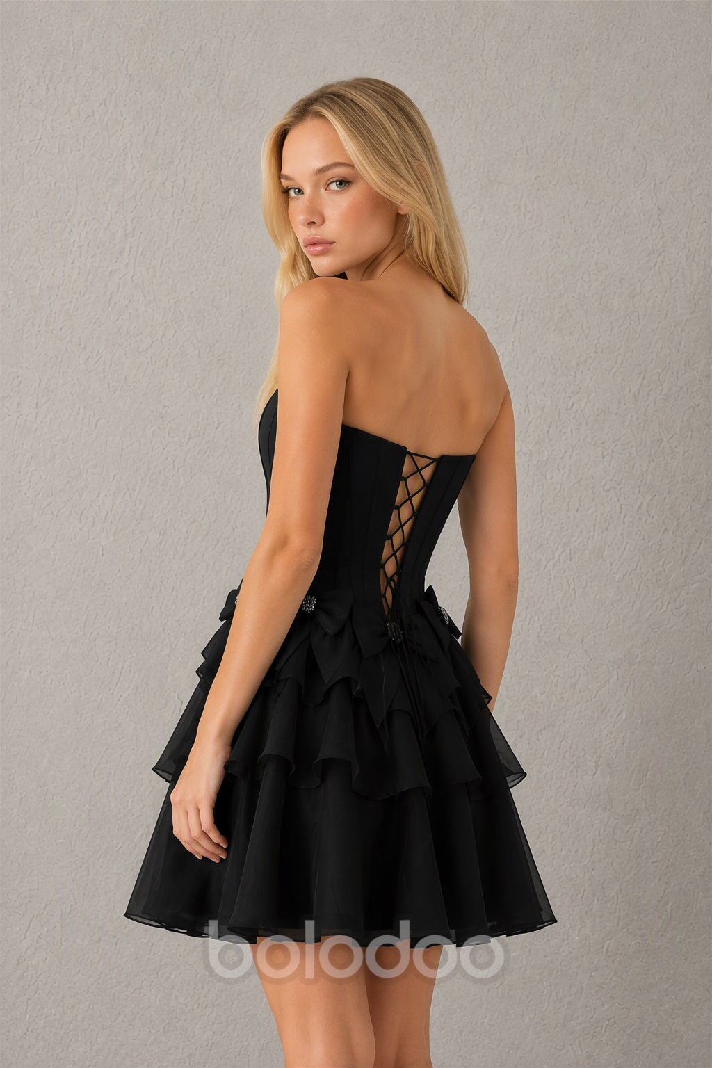 BOLODOO black Organza Bow Corset Strapless Tiered Ruffle Mini Dress – Prom, Homecoming & Cocktail Party Dress - black | BOLODOO watermark