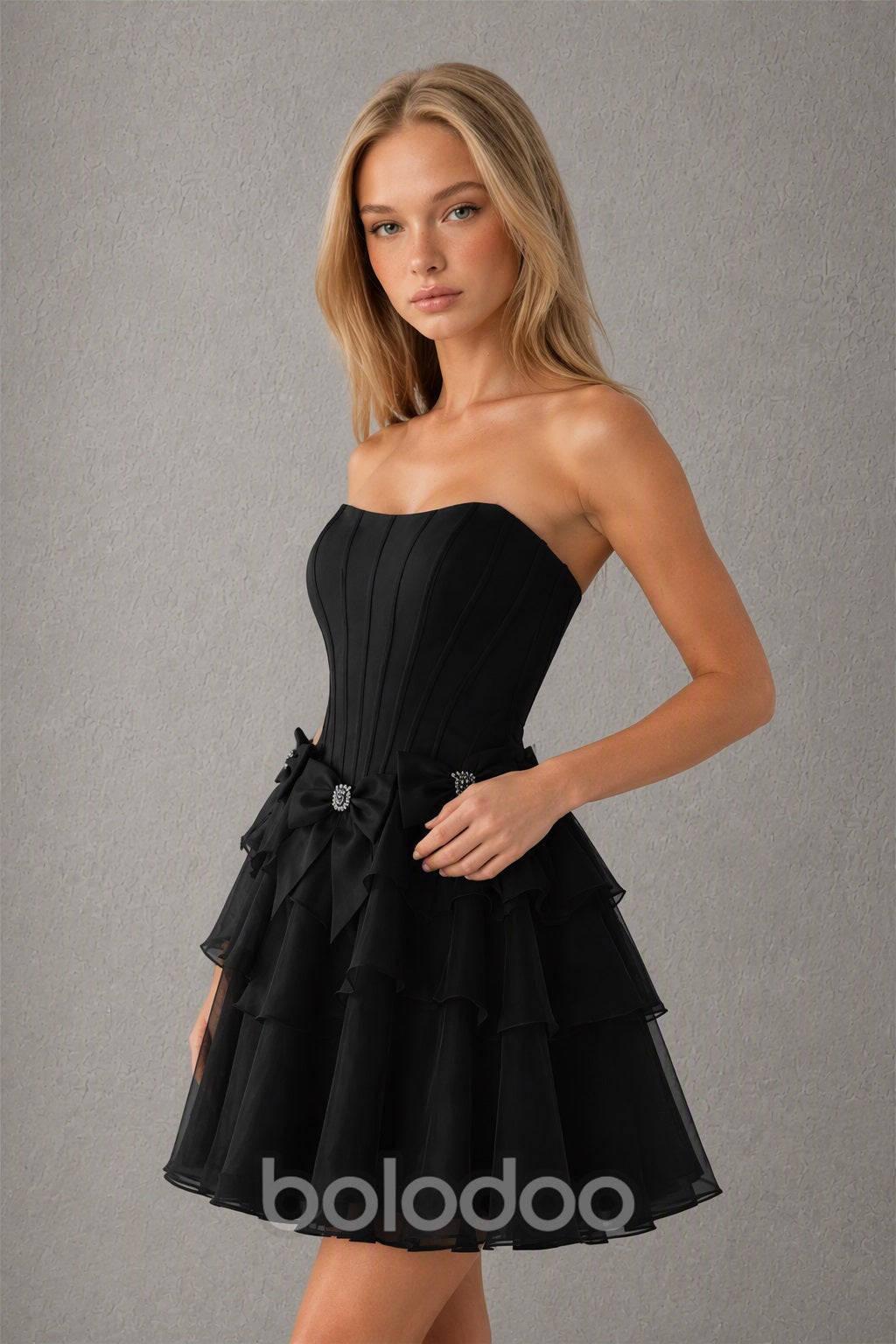 BOLODOO black Organza Bow Corset Strapless Tiered Ruffle Mini Dress – Prom, Homecoming & Cocktail Party Dress - black | BOLODOO watermark