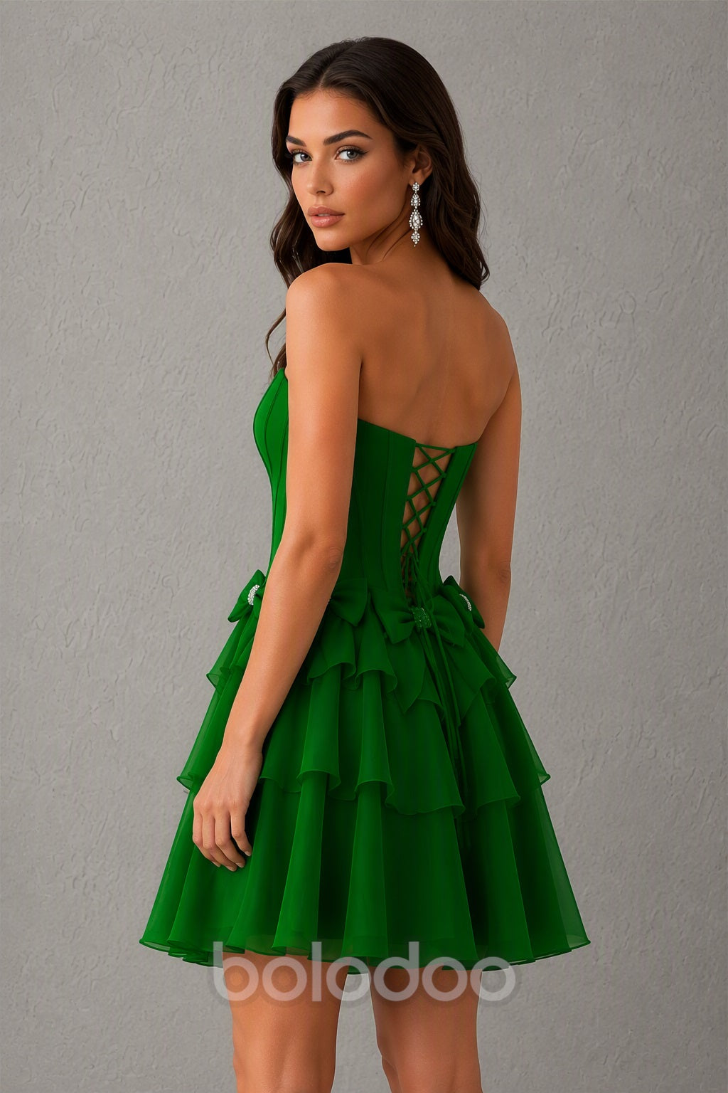 BOLODOO emerald green Organza Bow Corset Strapless Tiered Ruffle Mini Dress – Prom, Homecoming & Cocktail Party Dress - emerald green | BOLODOO watermark