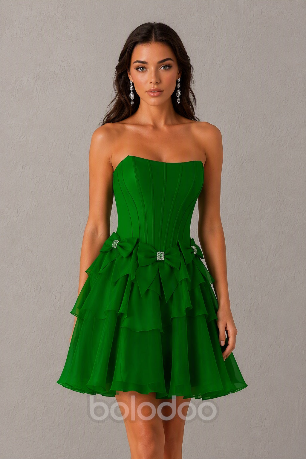BOLODOO emerald green Organza Bow Corset Strapless Tiered Ruffle Mini Dress – Prom, Homecoming & Cocktail Party Dress - emerald green | BOLODOO watermark