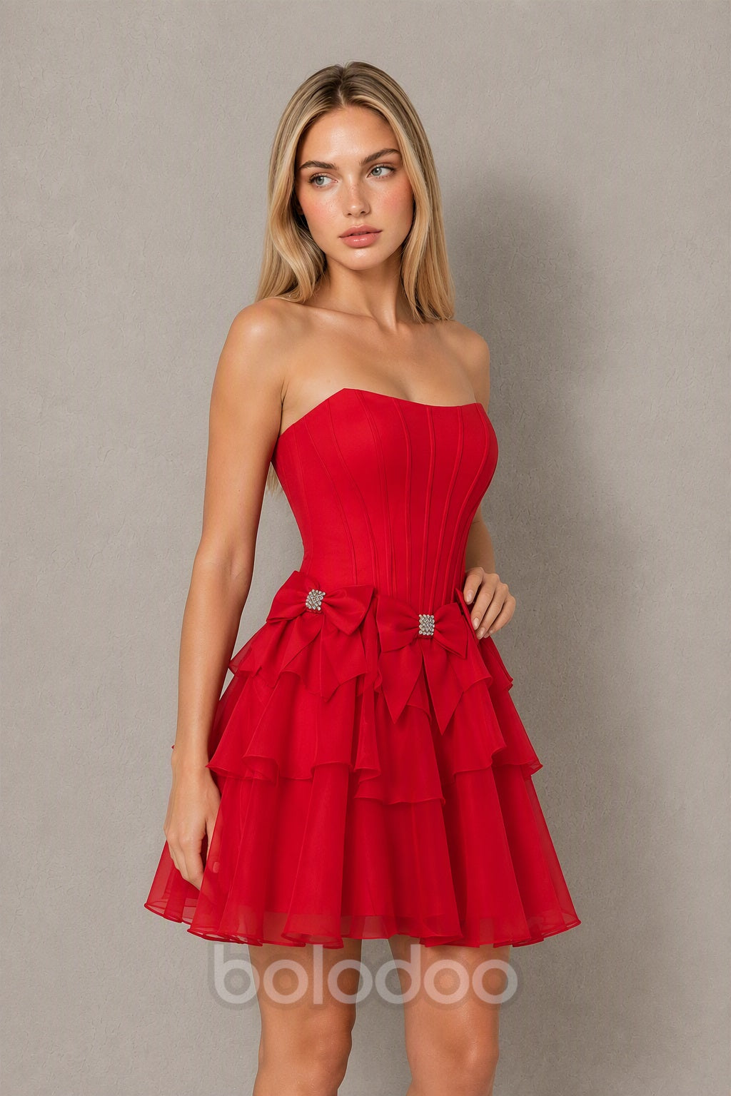 BOLODOO red Organza Bow Corset Strapless Tiered Ruffle Mini Dress – Prom, Homecoming & Cocktail Party Dress - red | BOLODOO watermark