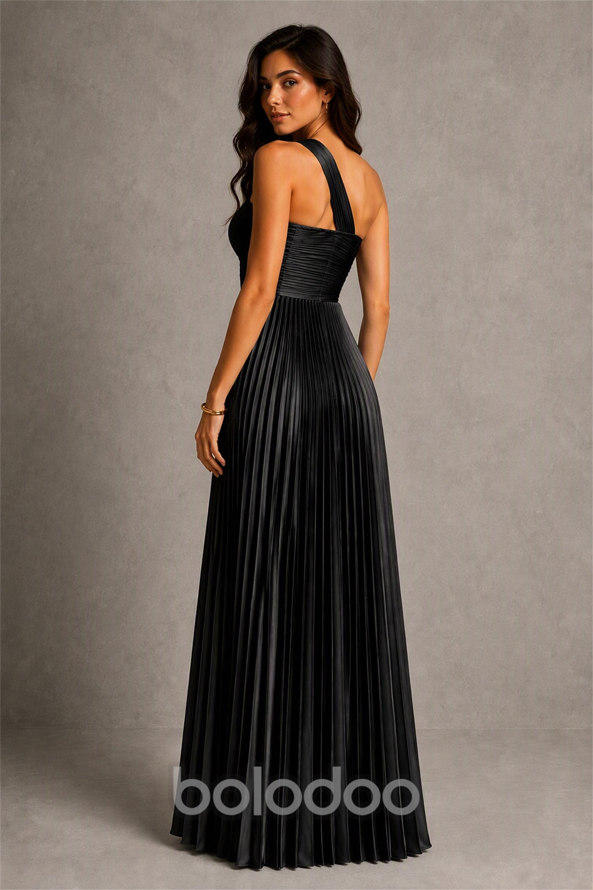 BOLODOO Black One-Shoulder Twist Knot Pleated Satin Midi Dress with Cutout - Black | BOLODOO watermark