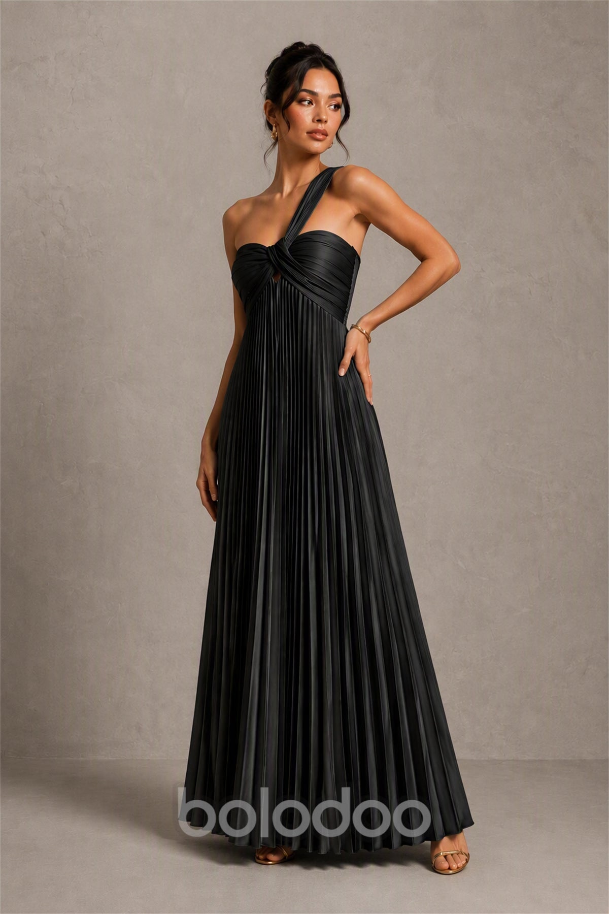 BOLODOO Black One-Shoulder Twist Knot Pleated Satin Midi Dress with Cutout - Black | BOLODOO watermark