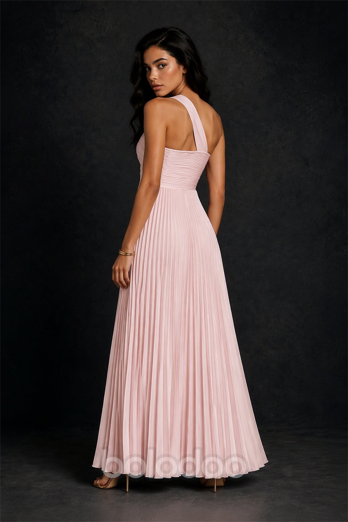 BOLODOO Blush Pink One-Shoulder Twist Knot Pleated Satin Midi Dress with Cutout - Blush Pink | BOLODOO watermark
