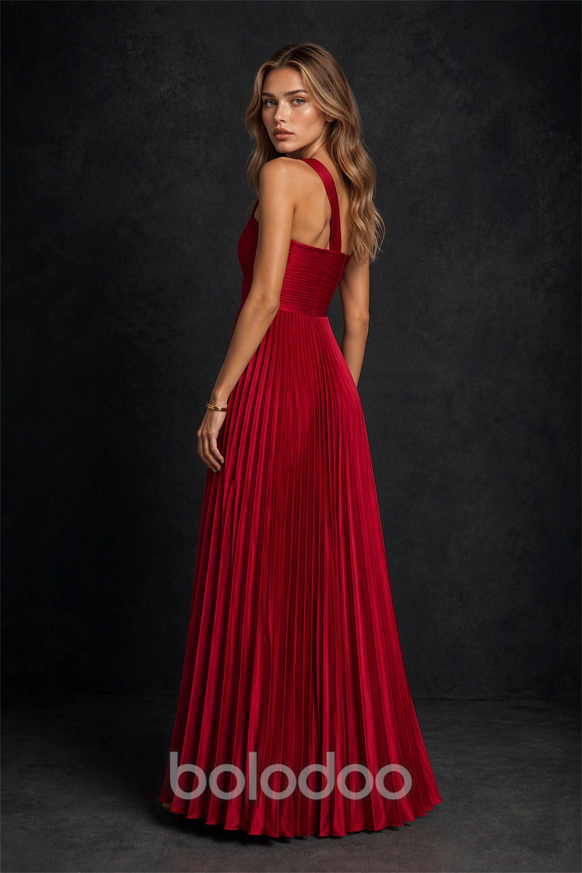 BOLODOO Burgundy One-Shoulder Twist Knot Pleated Satin Midi Dress with Cutout - Burgundy | BOLODOO watermark