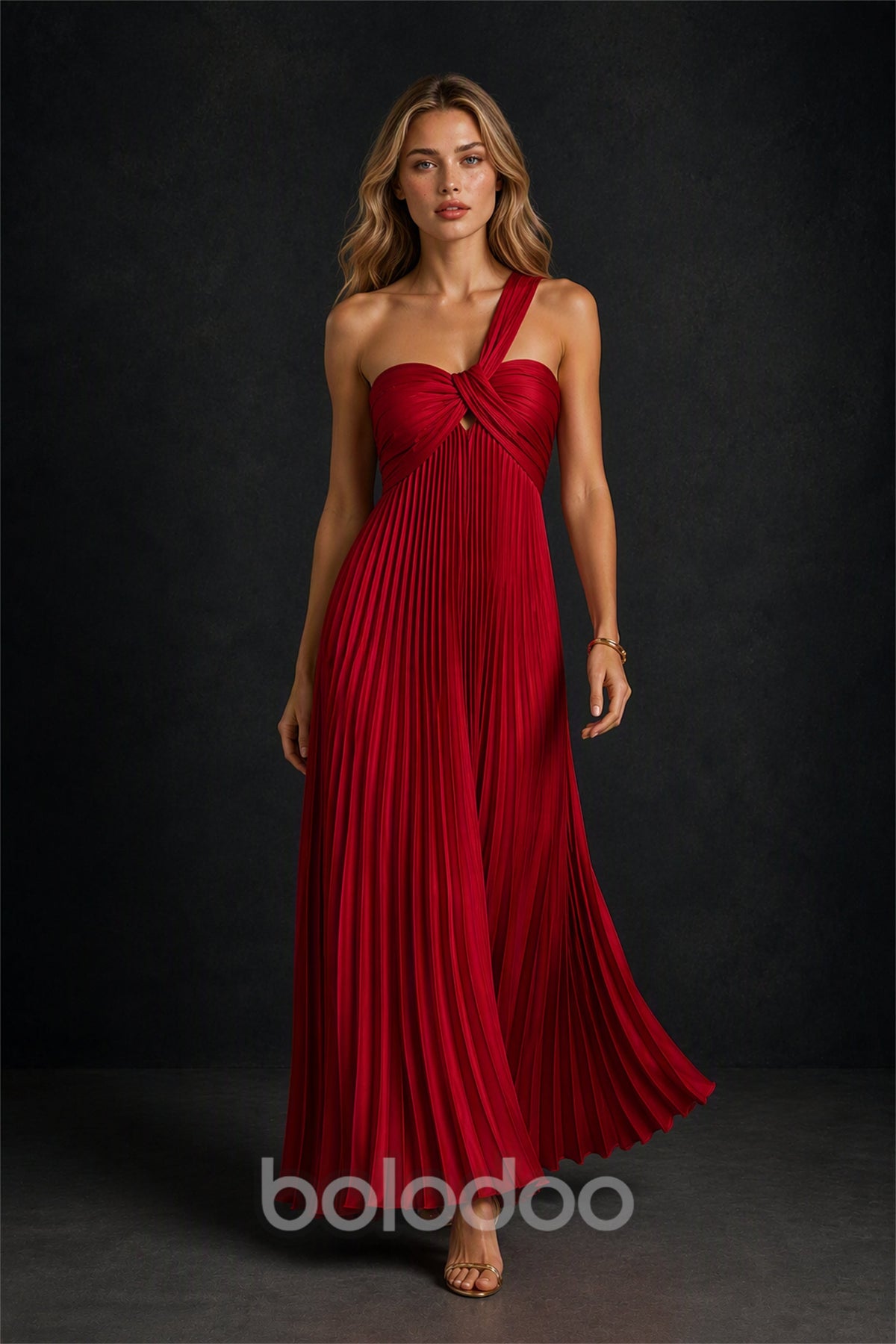 BOLODOO Burgundy One-Shoulder Twist Knot Pleated Satin Midi Dress with Cutout - Burgundy | BOLODOO watermark