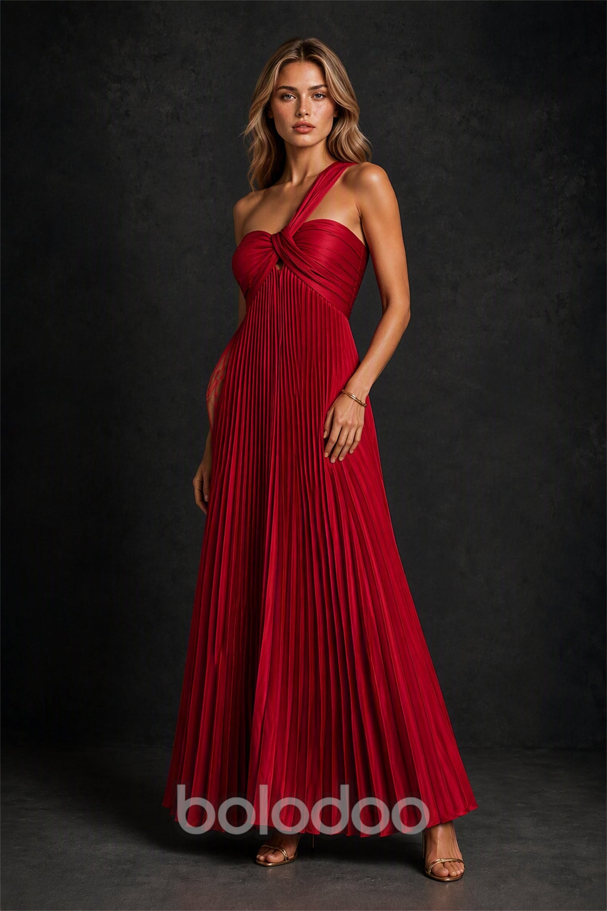 BOLODOO Burgundy One-Shoulder Twist Knot Pleated Satin Midi Dress with Cutout - Burgundy | BOLODOO watermark