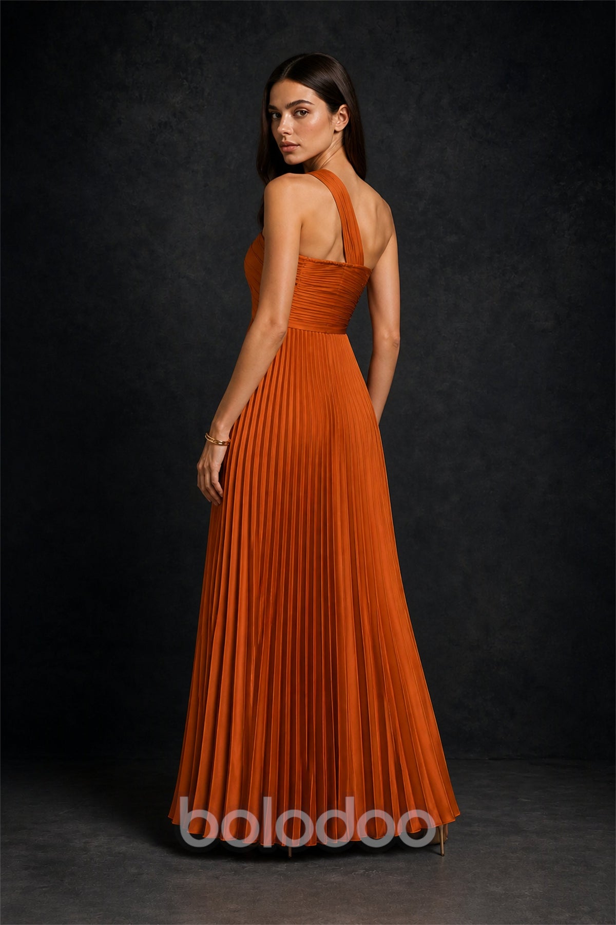 BOLODOO Burnt Orange One-Shoulder Twist Knot Pleated Satin Midi Dress with Cutout - Burnt Orange | BOLODOO watermark