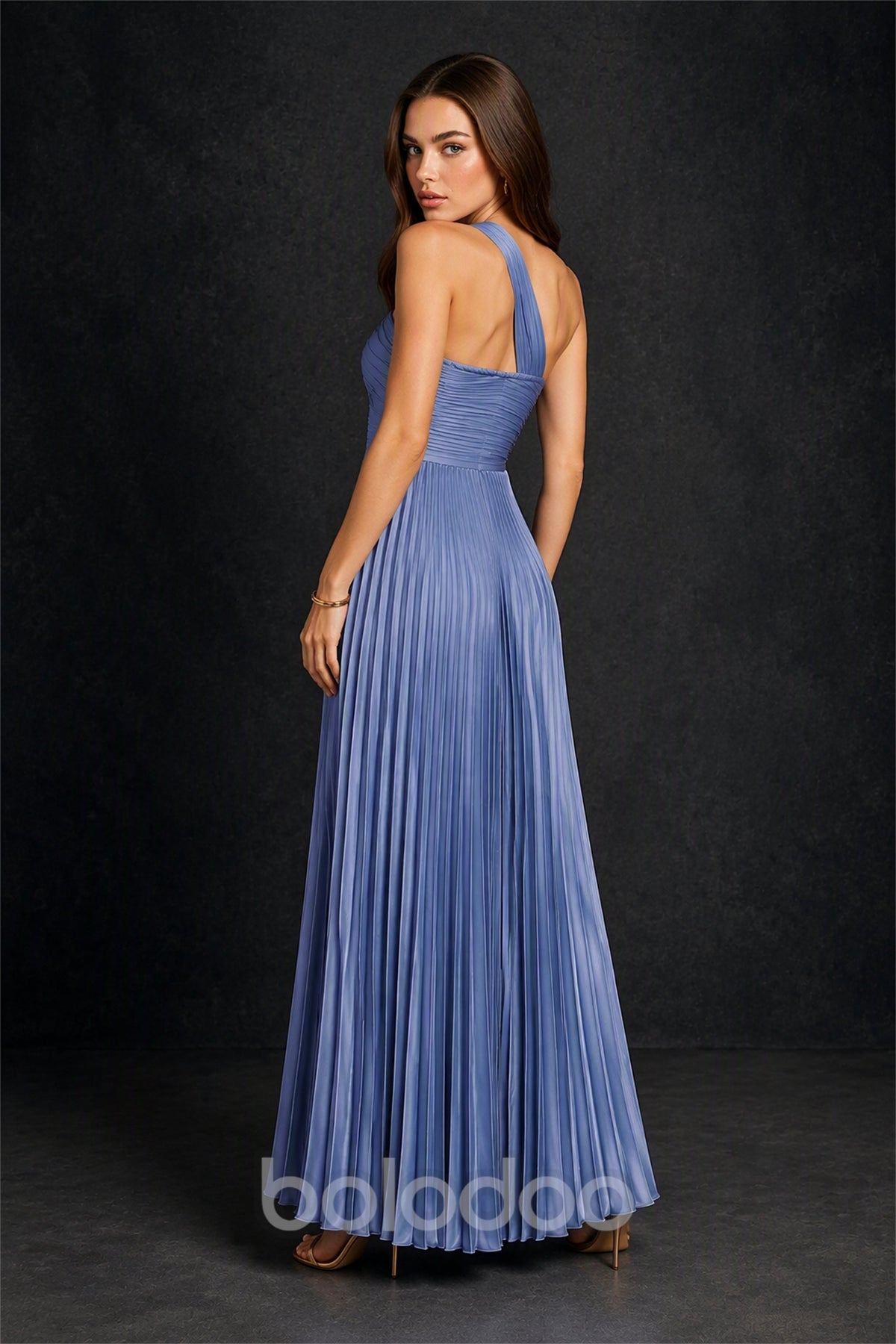 BOLODOO Dusty Blue One-Shoulder Twist Knot Pleated Satin Midi Dress with Cutout - Dusty Blue | BOLODOO watermark